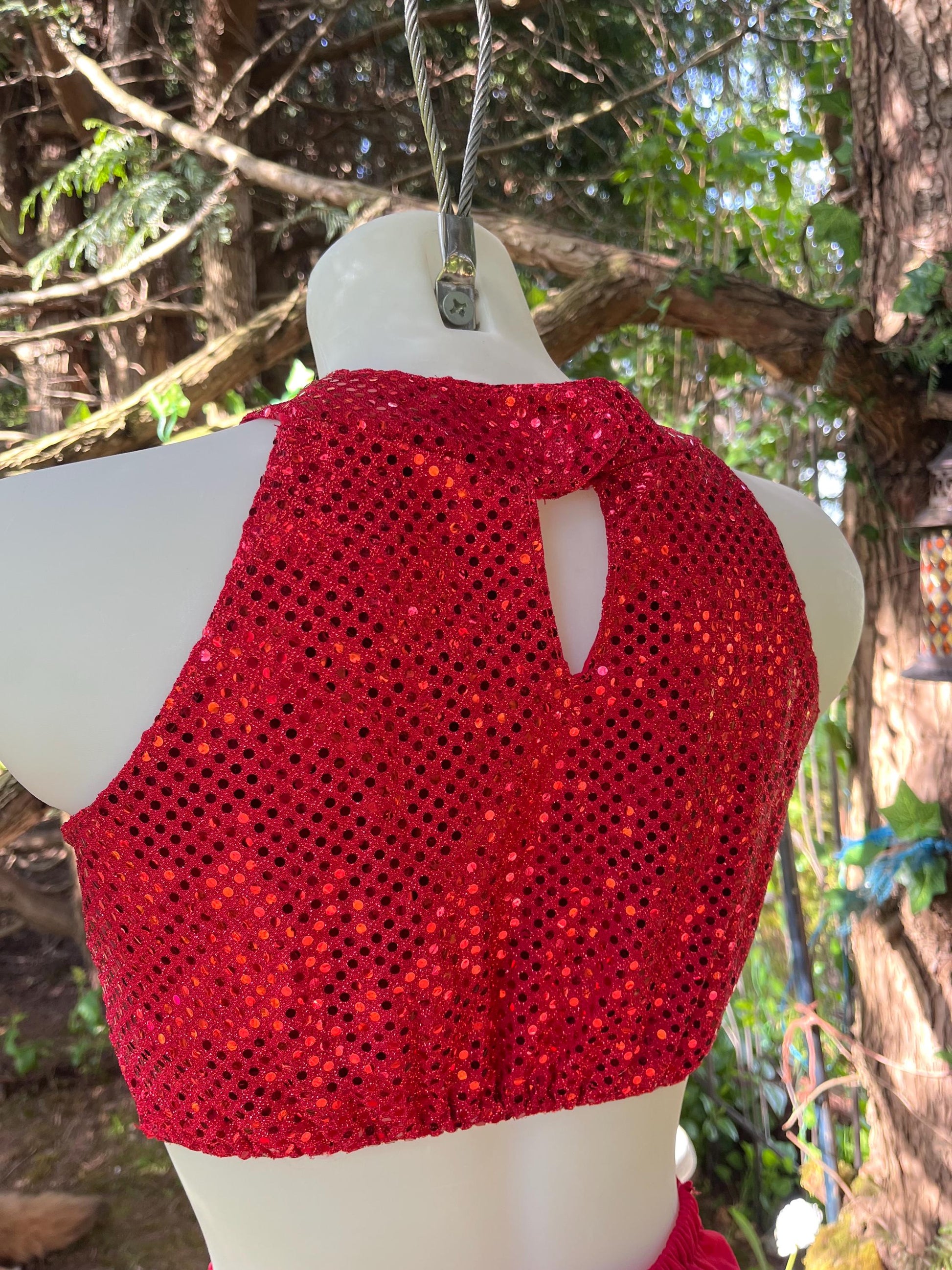 Firestarter Sequin Two-Piece Set – Red Festival Outfit with Glitter Crop Top & Flared Pants