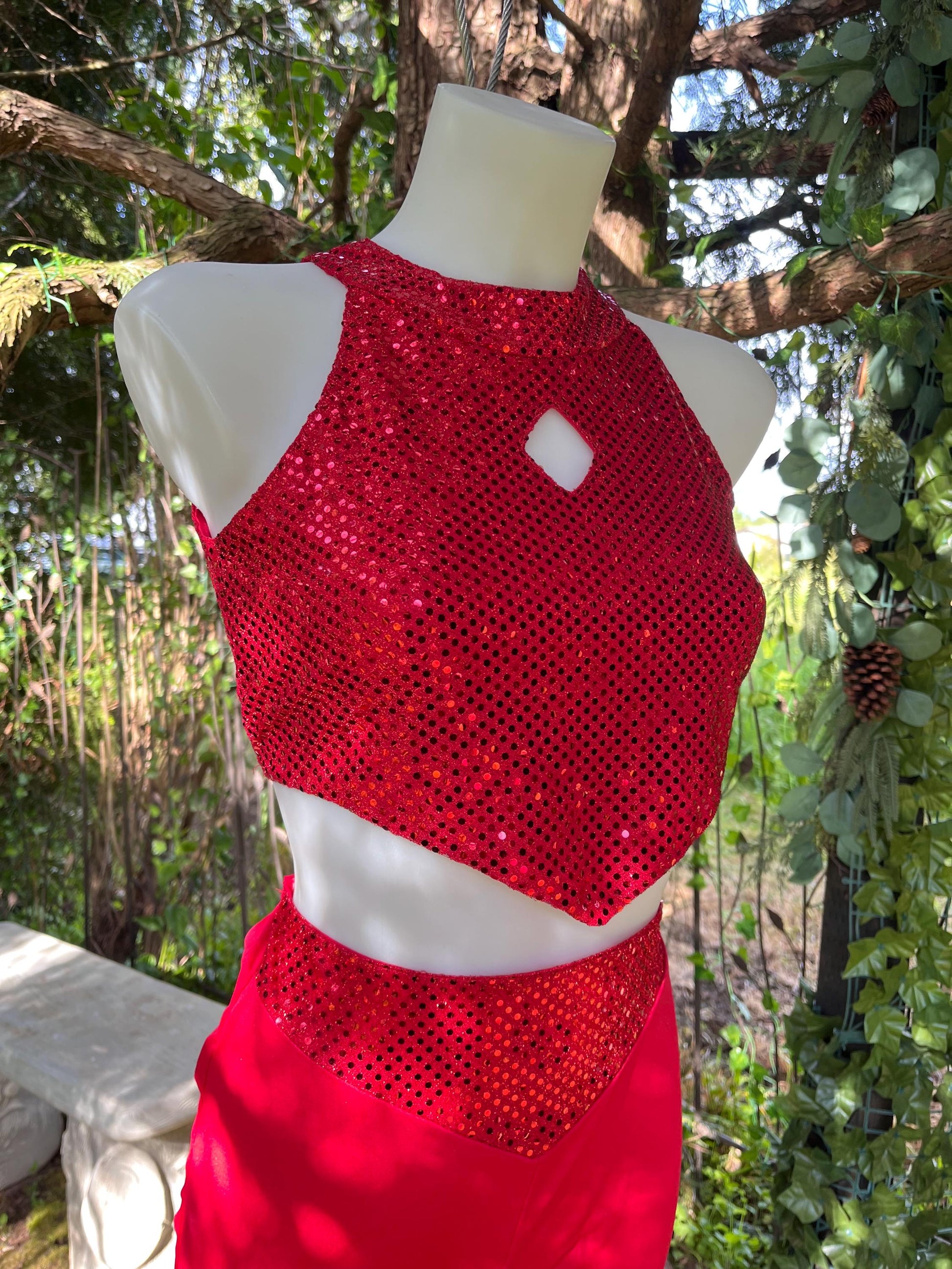 Firestarter Sequin Two-Piece Set – Red Festival Outfit with Glitter Crop Top & Flared Pants