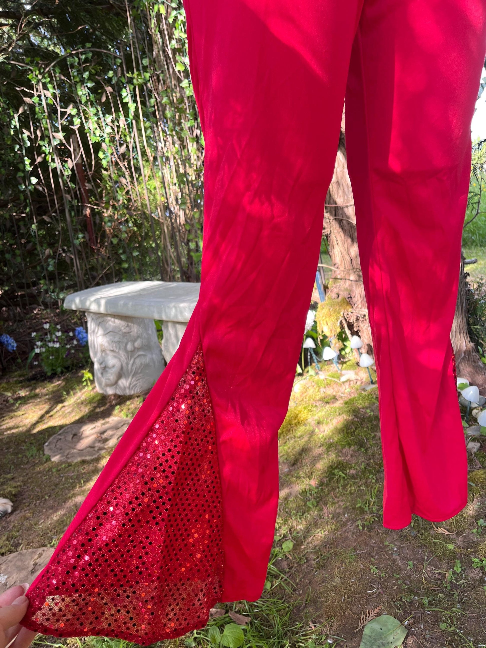 Firestarter Sequin Two-Piece Set – Red Festival Outfit with Glitter Crop Top & Flared Pants