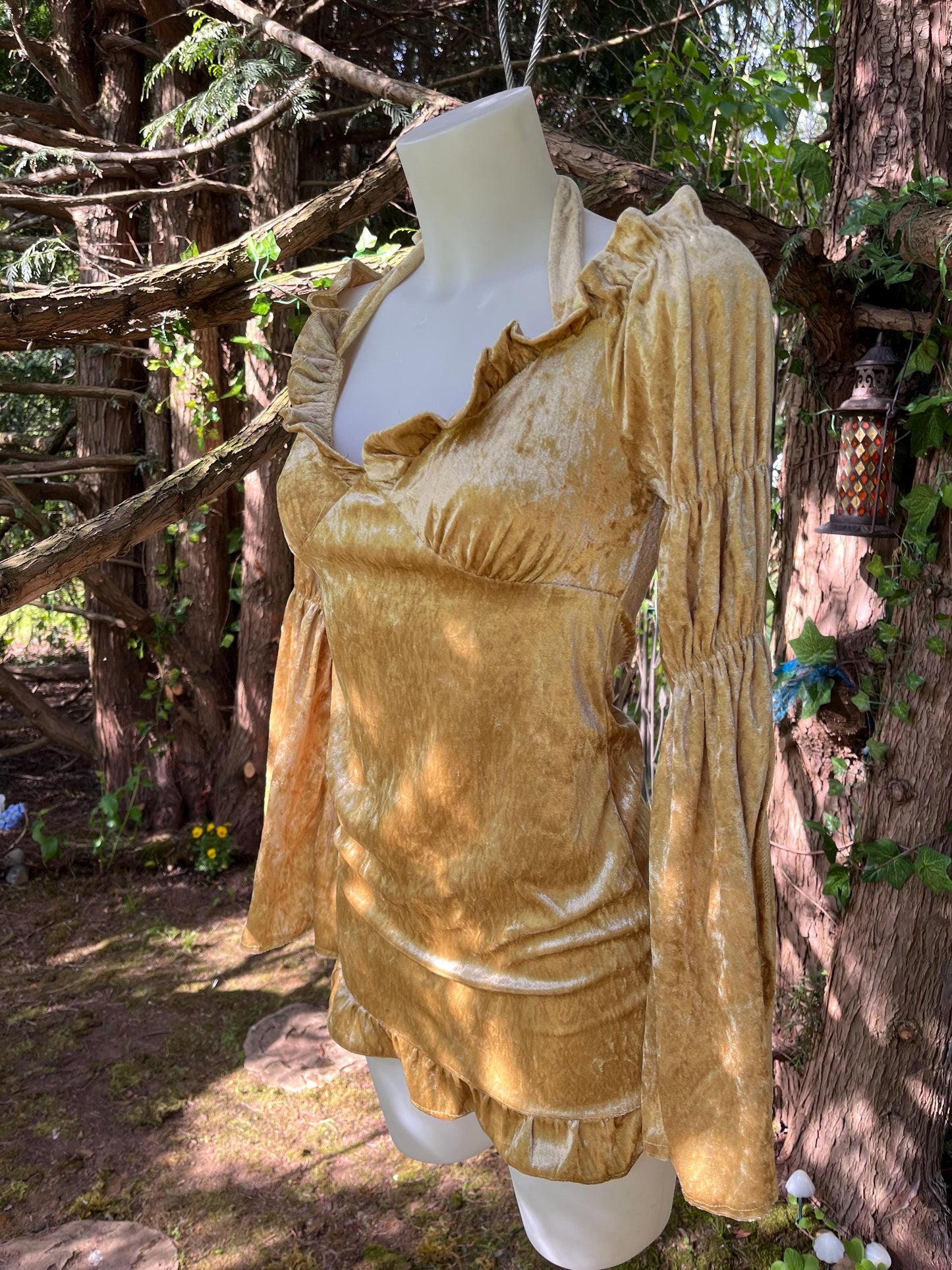 Golden Hour Enchantress Dress – Crushed Velvet Halter Mini-dress with Trumpet Sleeves