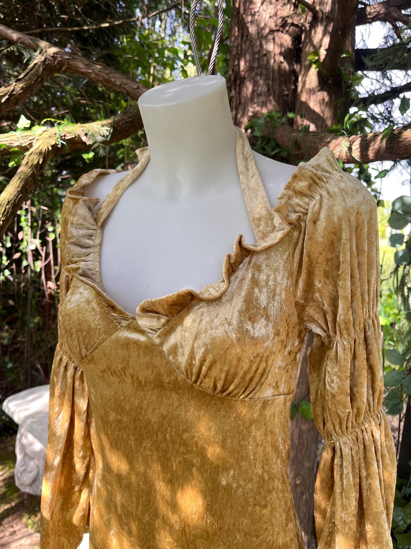 Golden Hour Enchantress Dress – Crushed Velvet Halter Mini-dress with Trumpet Sleeves