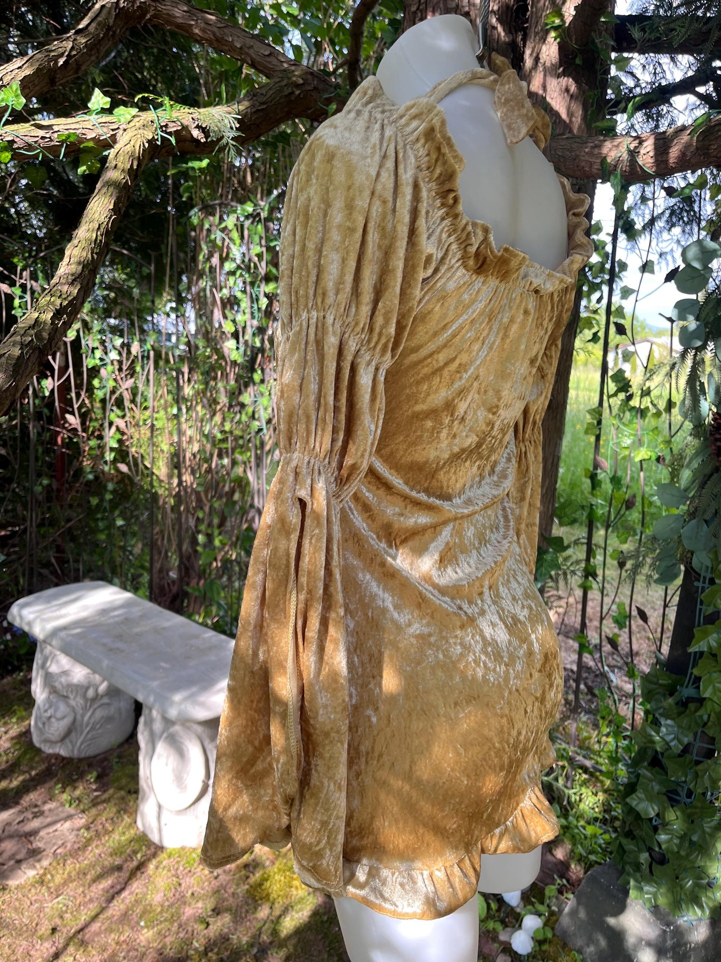 Golden Hour Enchantress Dress – Crushed Velvet Halter Mini-dress with Trumpet Sleeves