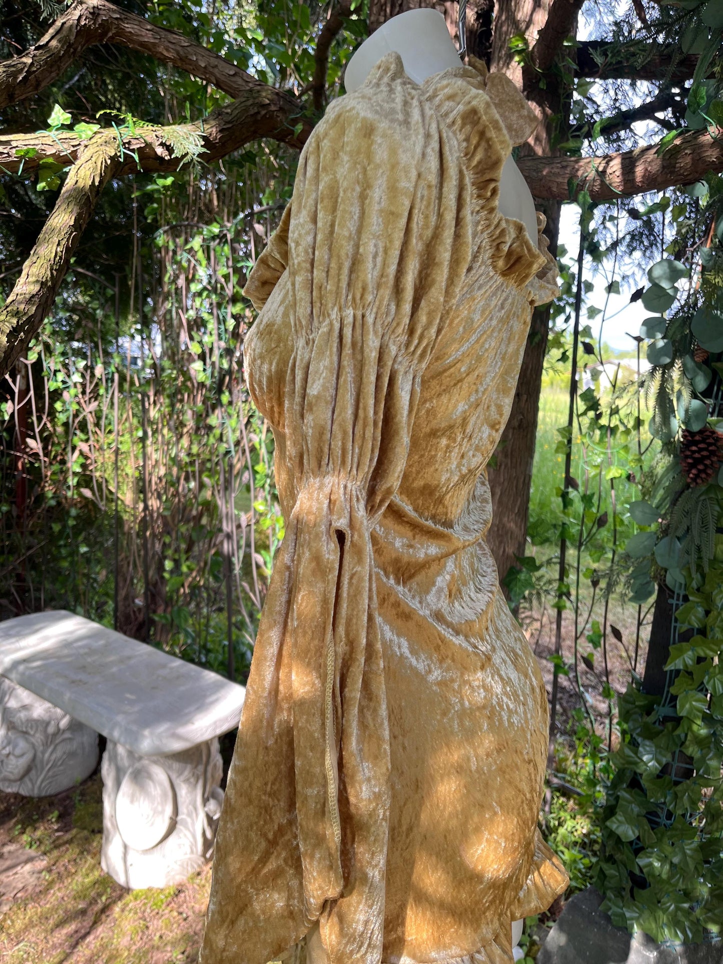 Golden Hour Enchantress Dress – Crushed Velvet Halter Mini-dress with Trumpet Sleeves