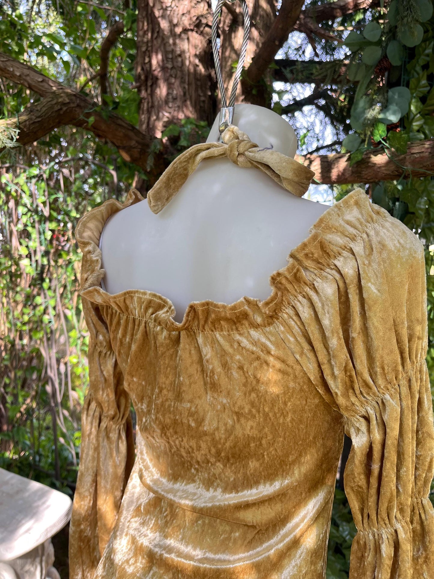 Golden Hour Enchantress Dress – Crushed Velvet Halter Mini-dress with Trumpet Sleeves