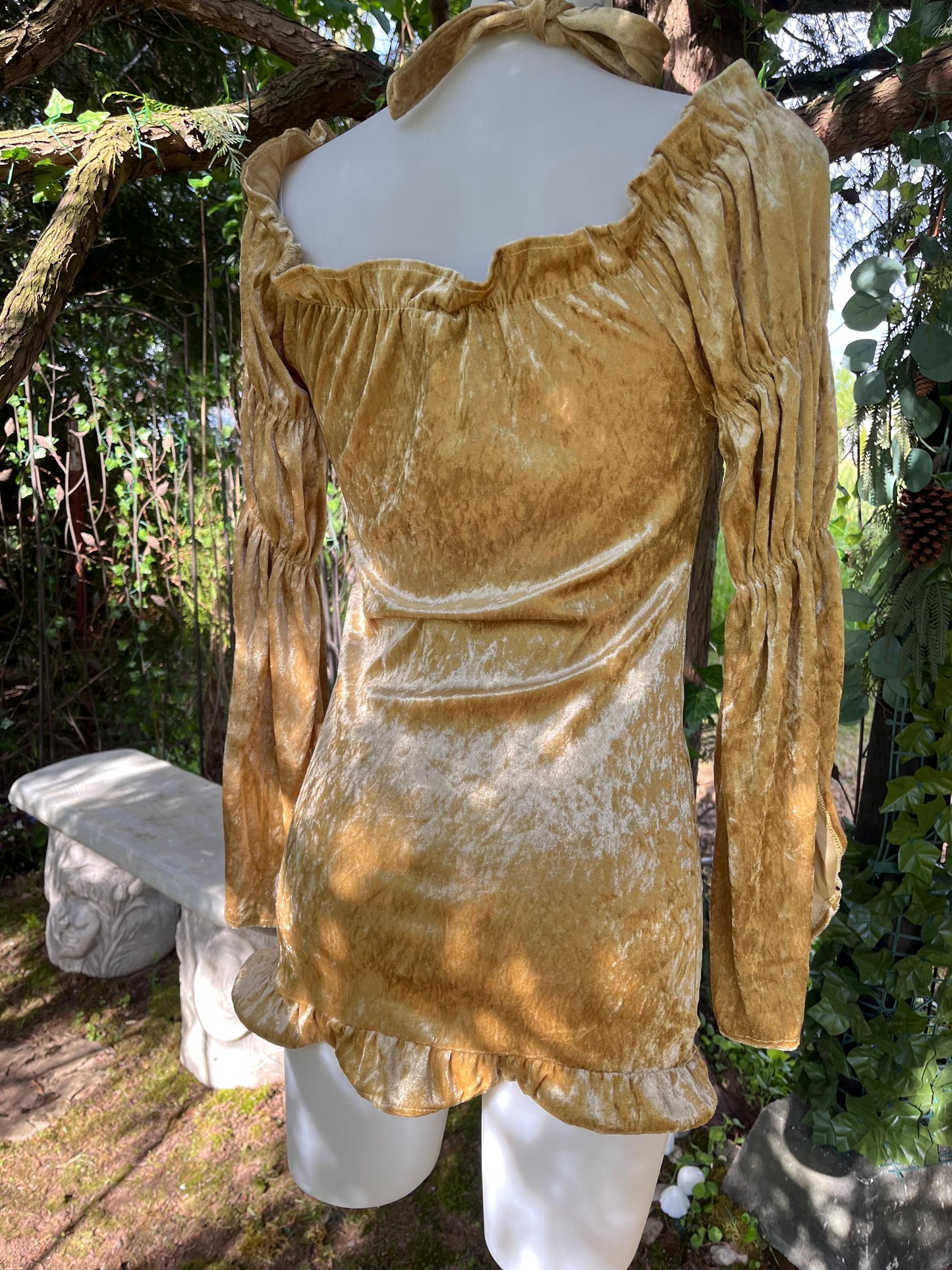 Golden Hour Enchantress Dress – Crushed Velvet Halter Mini-dress with Trumpet Sleeves