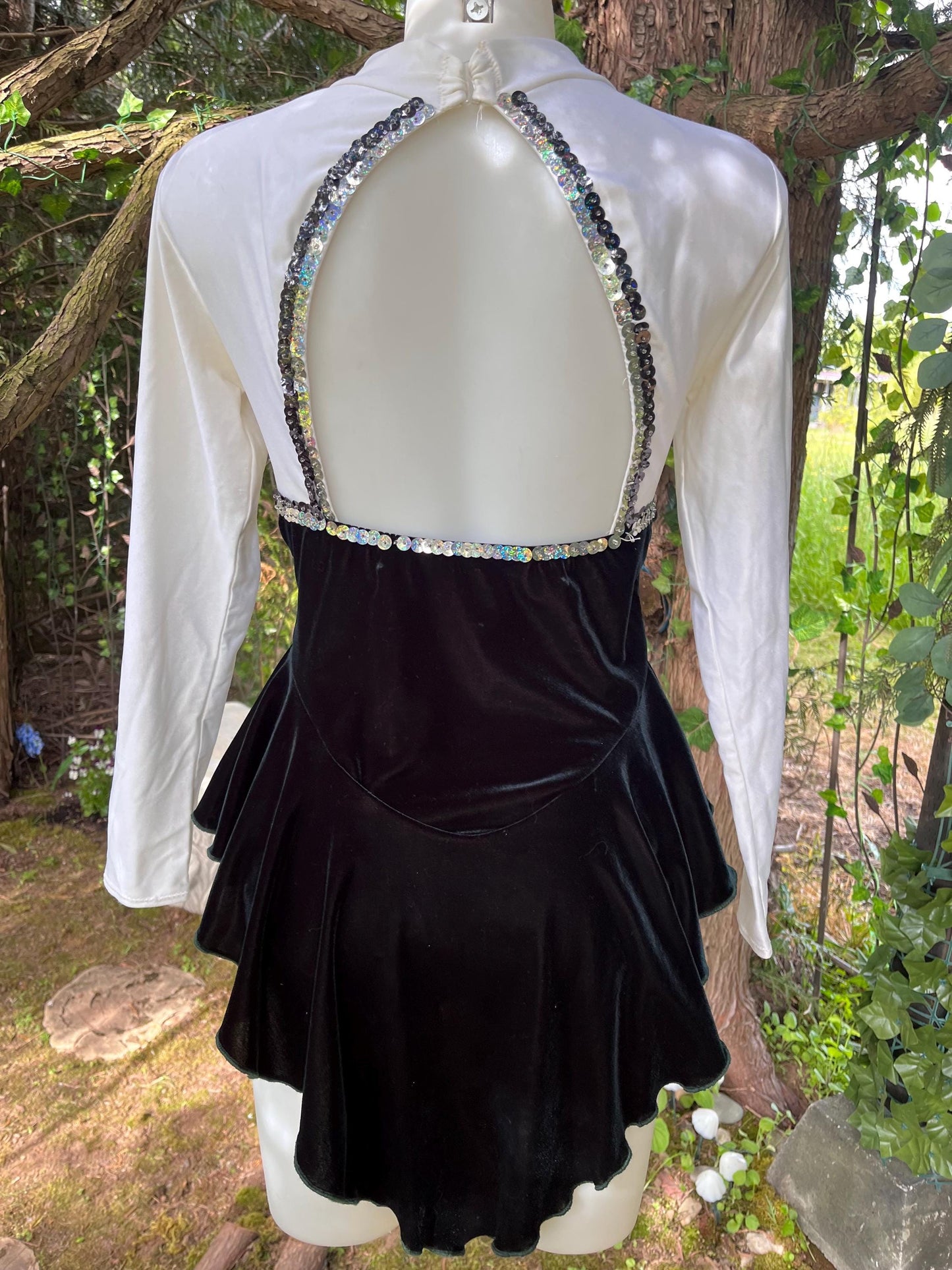 Vintage Sequin Ice Skating Leotard – Black Velvet & White Satin Bodysuit with Sheer Sparkle Panel | 80s/90s Glam Festival Outfit or Costume
