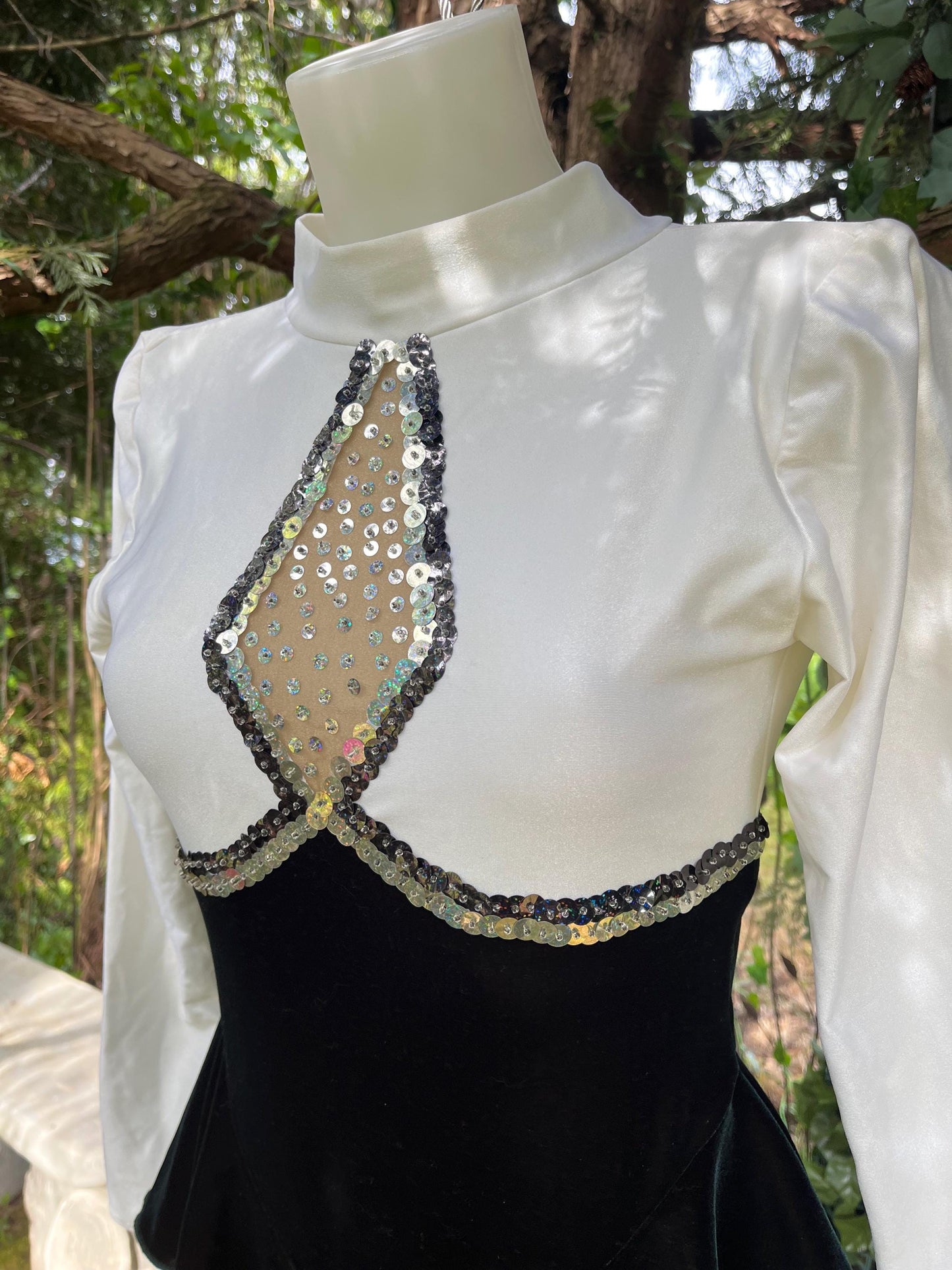 Vintage Sequin Ice Skating Leotard – Black Velvet & White Satin Bodysuit with Sheer Sparkle Panel | 80s/90s Glam Festival Outfit or Costume