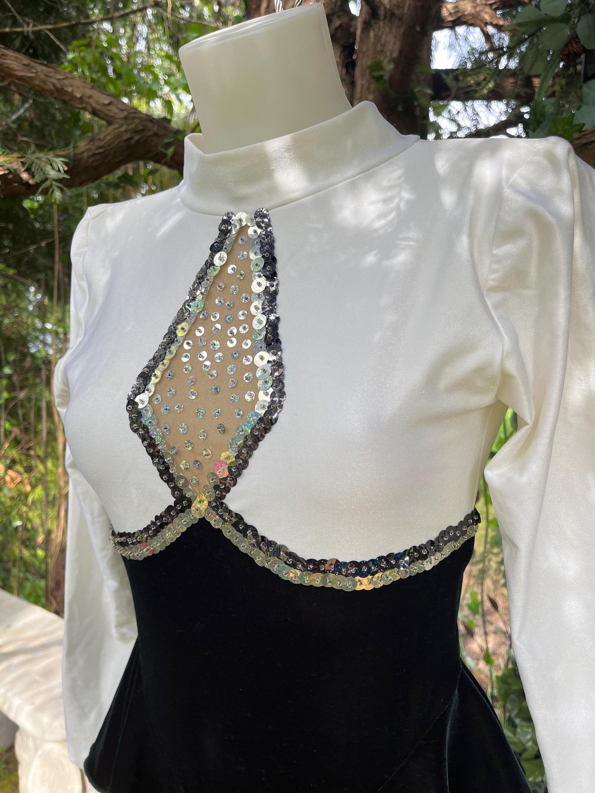 Vintage Sequin Ice Skating Leotard – Black Velvet & White Satin Bodysuit with Sheer Sparkle Panel | 80s/90s Glam Festival Outfit or Costume