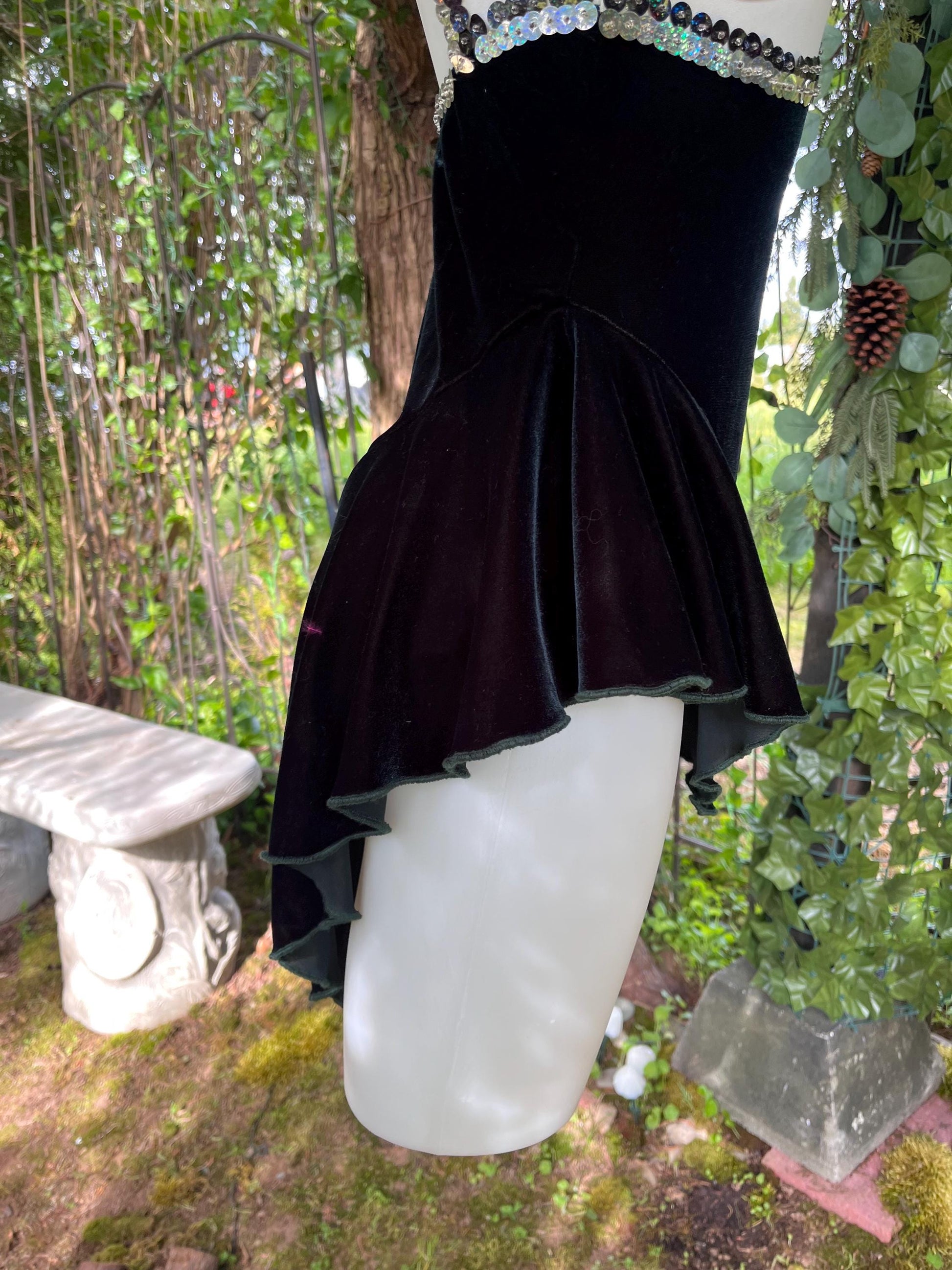 Vintage Sequin Ice Skating Leotard – Black Velvet & White Satin Bodysuit with Sheer Sparkle Panel | 80s/90s Glam Festival Outfit or Costume