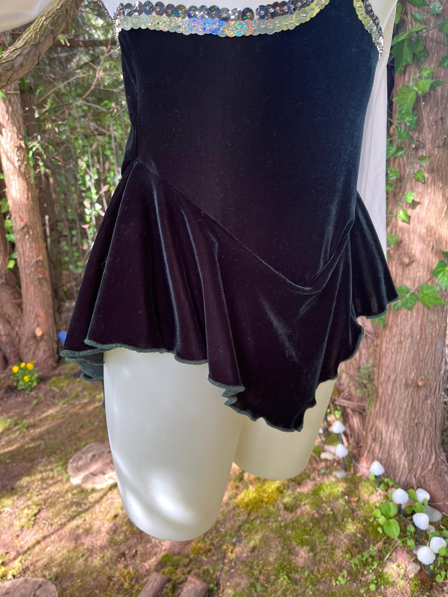 Vintage Sequin Ice Skating Leotard – Black Velvet & White Satin Bodysuit with Sheer Sparkle Panel | 80s/90s Glam Festival Outfit or Costume