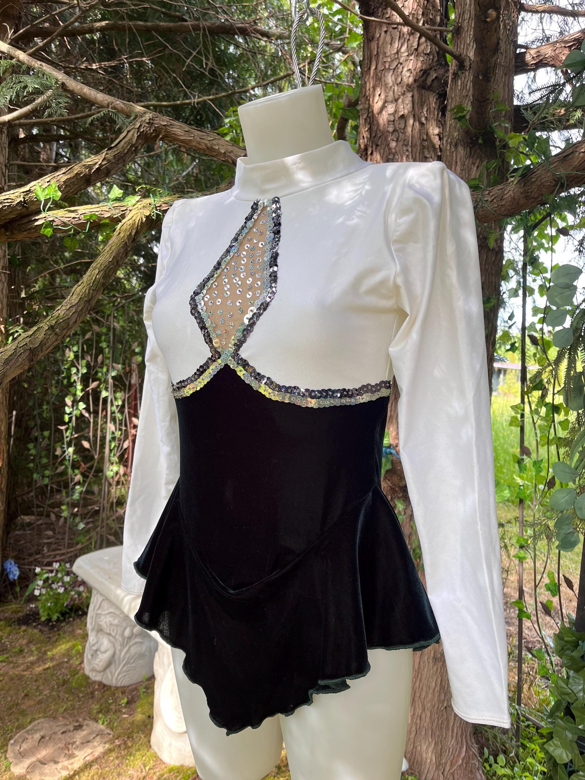 Vintage Sequin Ice Skating Leotard – Black Velvet & White Satin Bodysuit with Sheer Sparkle Panel | 80s/90s Glam Festival Outfit or Costume