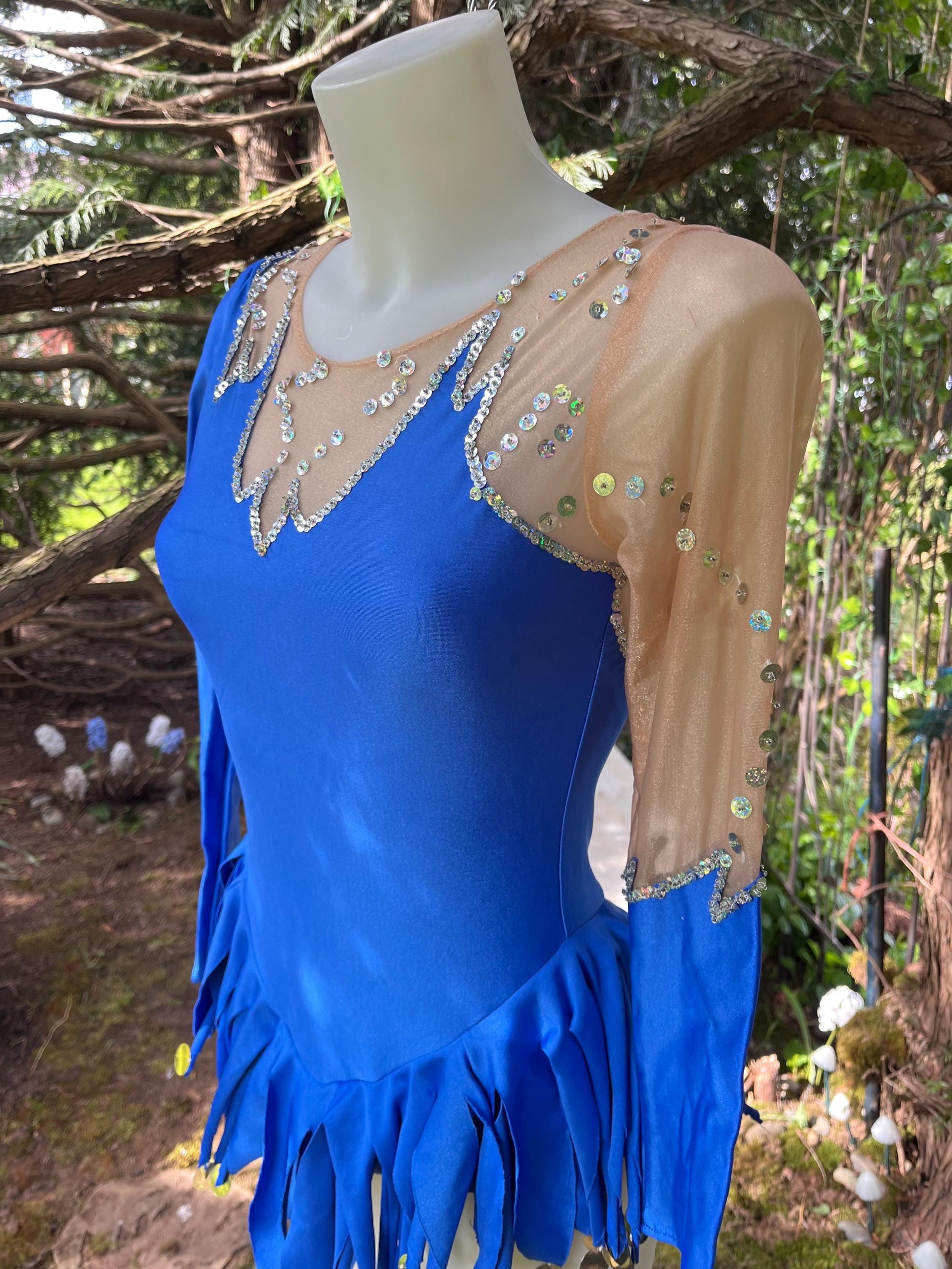Vintage Sapphire Blue Figure Skating Costume – Sheer Sequin Mesh Sleeves, Fringe Hem & Long Sleeves | Festival or Performance Outfit