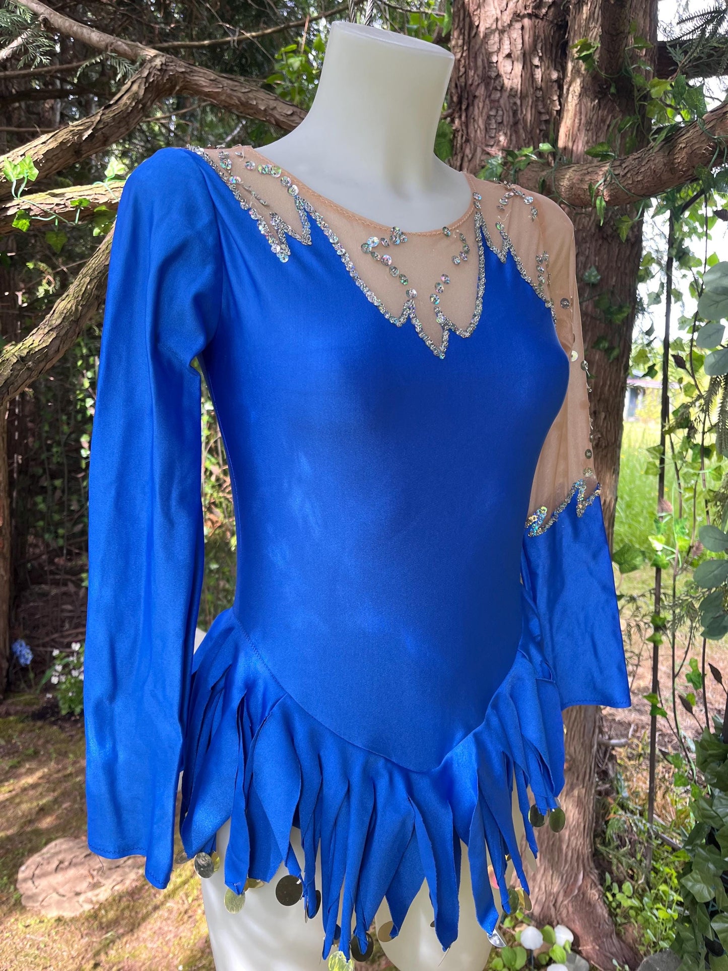 Vintage Sapphire Blue Figure Skating Costume – Sheer Sequin Mesh Sleeves, Fringe Hem & Long Sleeves | Festival or Performance Outfit