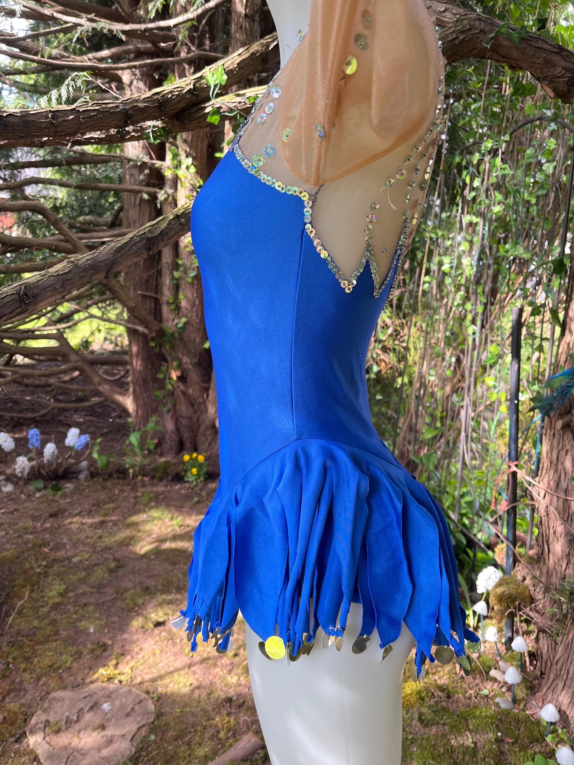 Vintage Sapphire Blue Figure Skating Costume – Sheer Sequin Mesh Sleeves, Fringe Hem & Long Sleeves | Festival or Performance Outfit