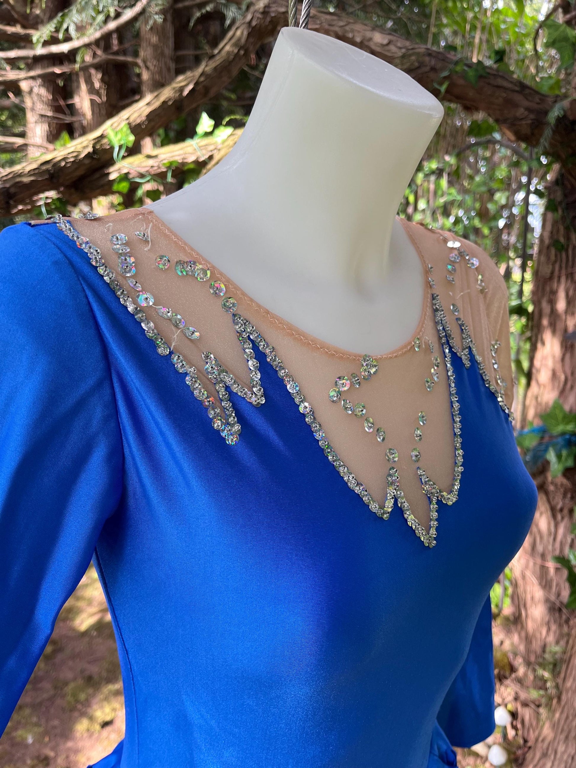 Vintage Sapphire Blue Figure Skating Costume – Sheer Sequin Mesh Sleeves, Fringe Hem & Long Sleeves | Festival or Performance Outfit
