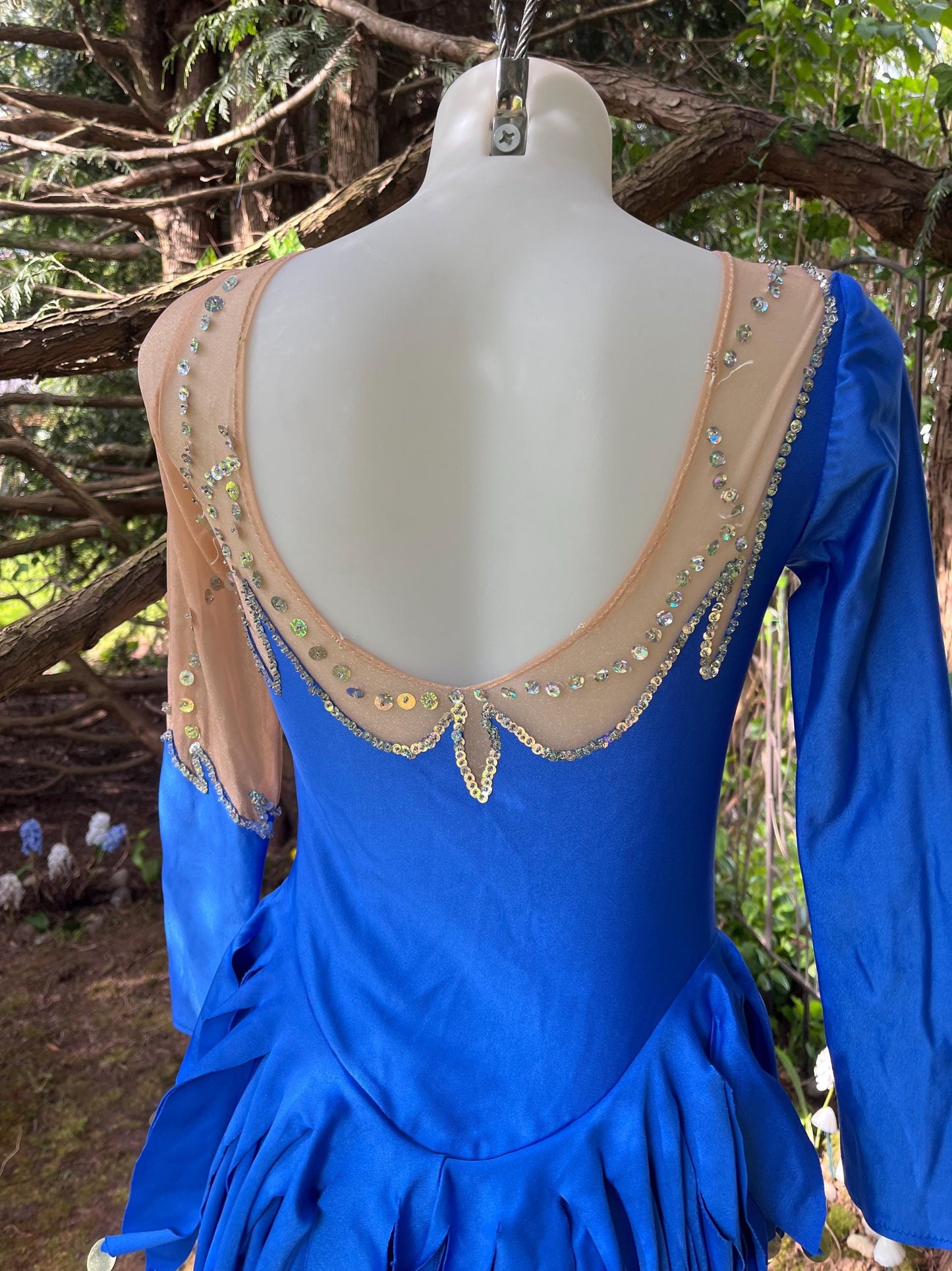 Vintage Sapphire Blue Figure Skating Costume – Sheer Sequin Mesh Sleeves, Fringe Hem & Long Sleeves | Festival or Performance Outfit
