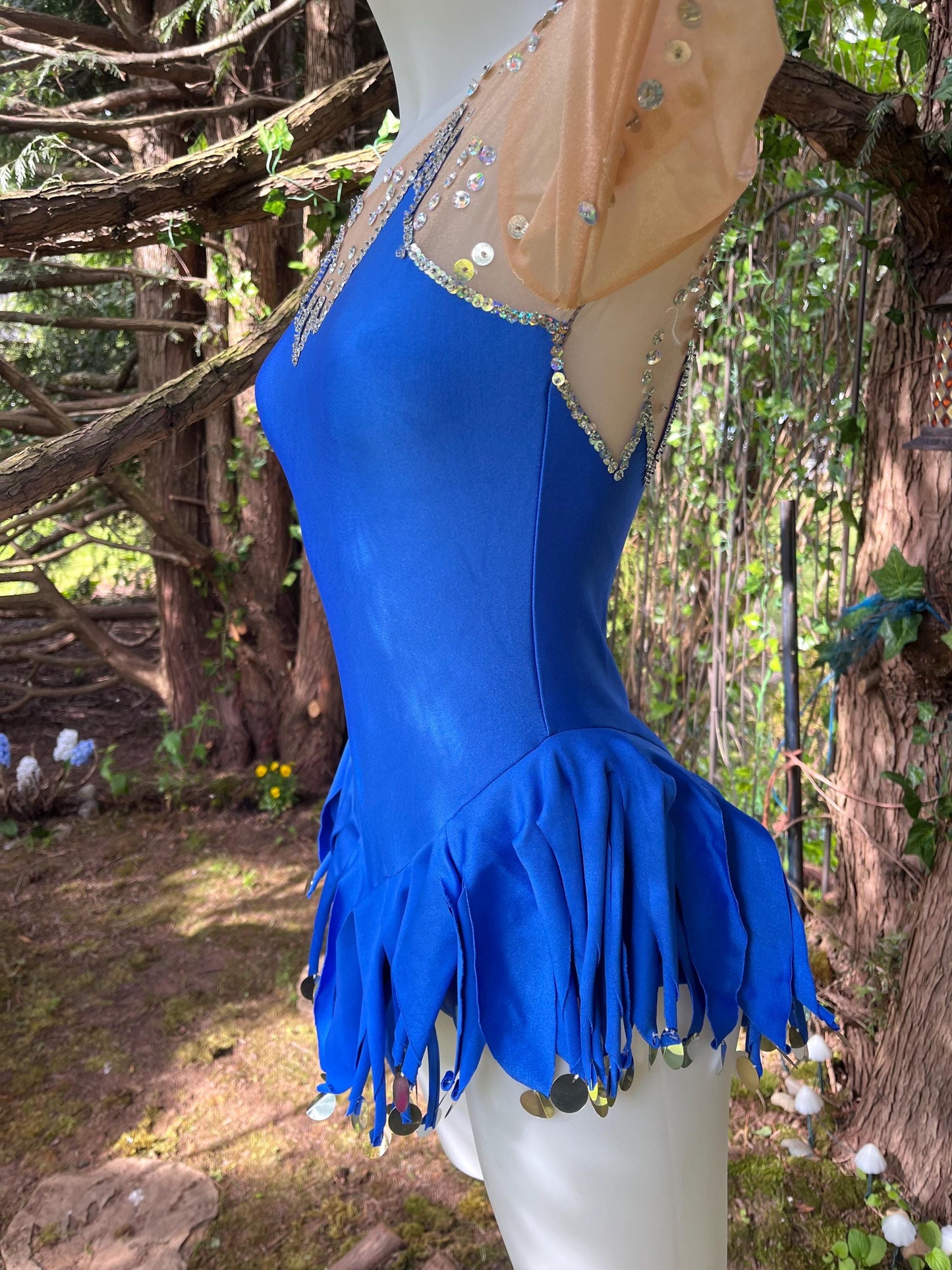 Vintage Sapphire Blue Figure Skating Costume – Sheer Sequin Mesh Sleeves, Fringe Hem & Long Sleeves | Festival or Performance Outfit