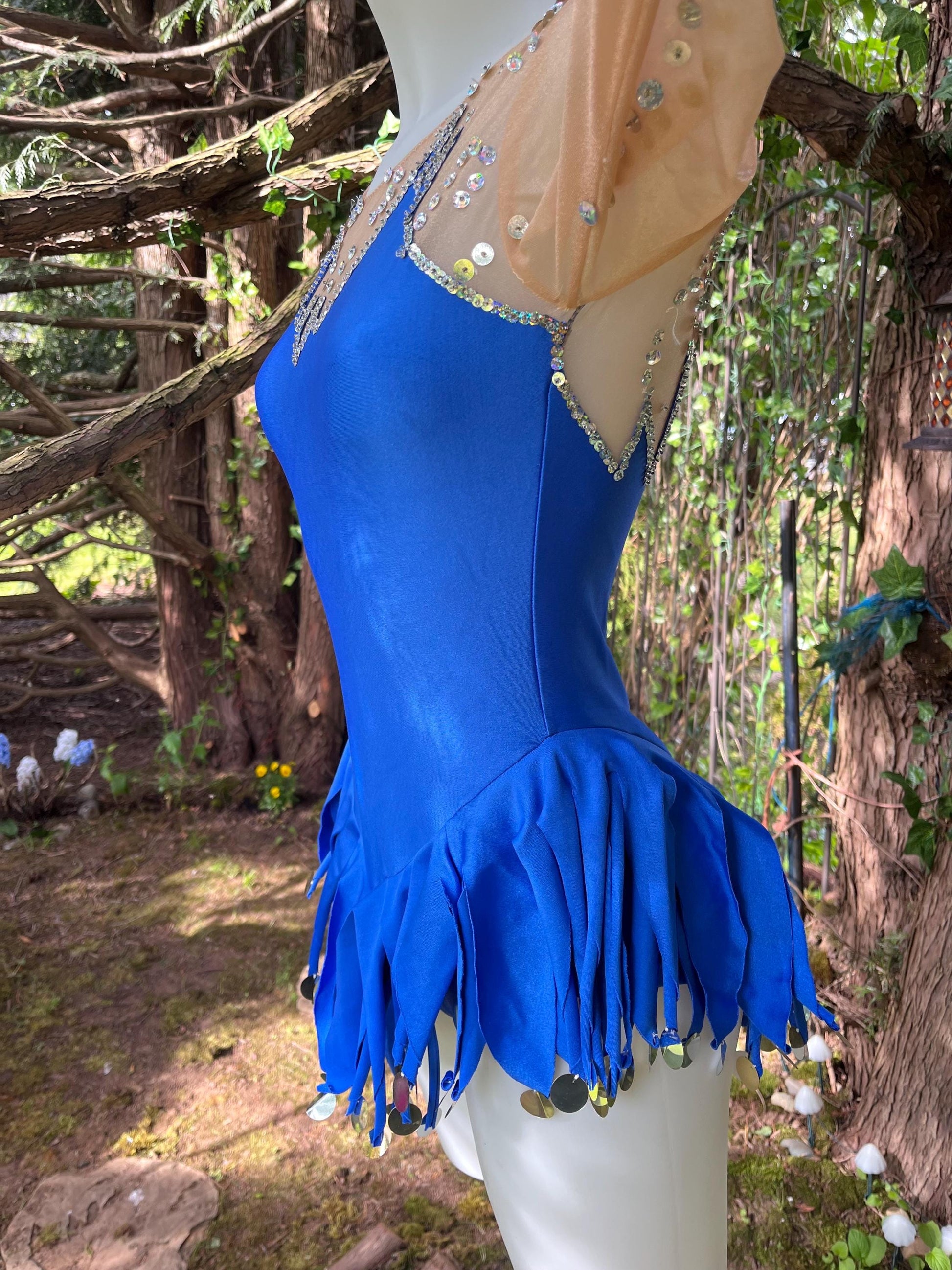 Vintage Sapphire Blue Figure Skating Costume – Sheer Sequin Mesh Sleeves, Fringe Hem & Long Sleeves | Festival or Performance Outfit