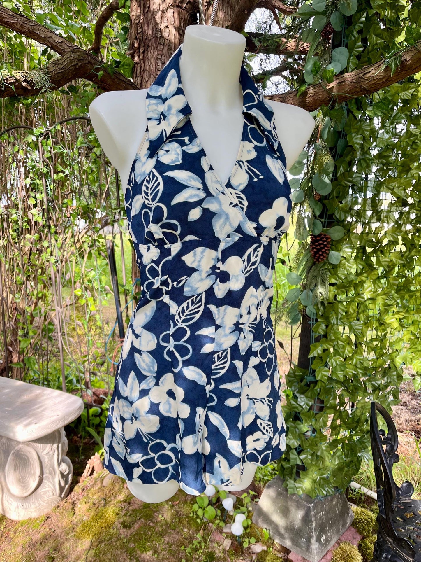Vintage Navy & Ivory Floral Halter Romper – Island Dreamscape Edition