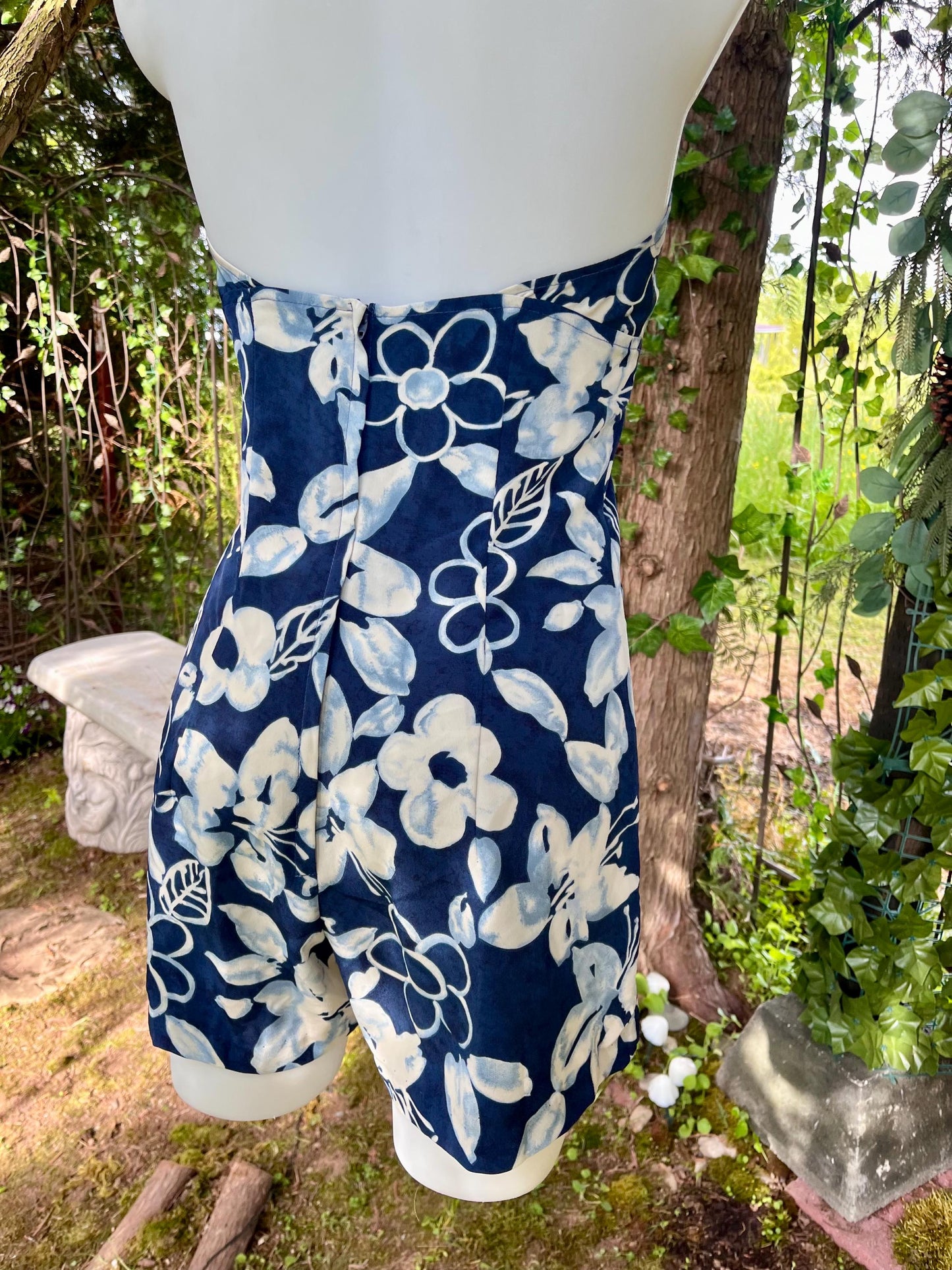 Vintage Navy & Ivory Floral Halter Romper – Island Dreamscape Edition