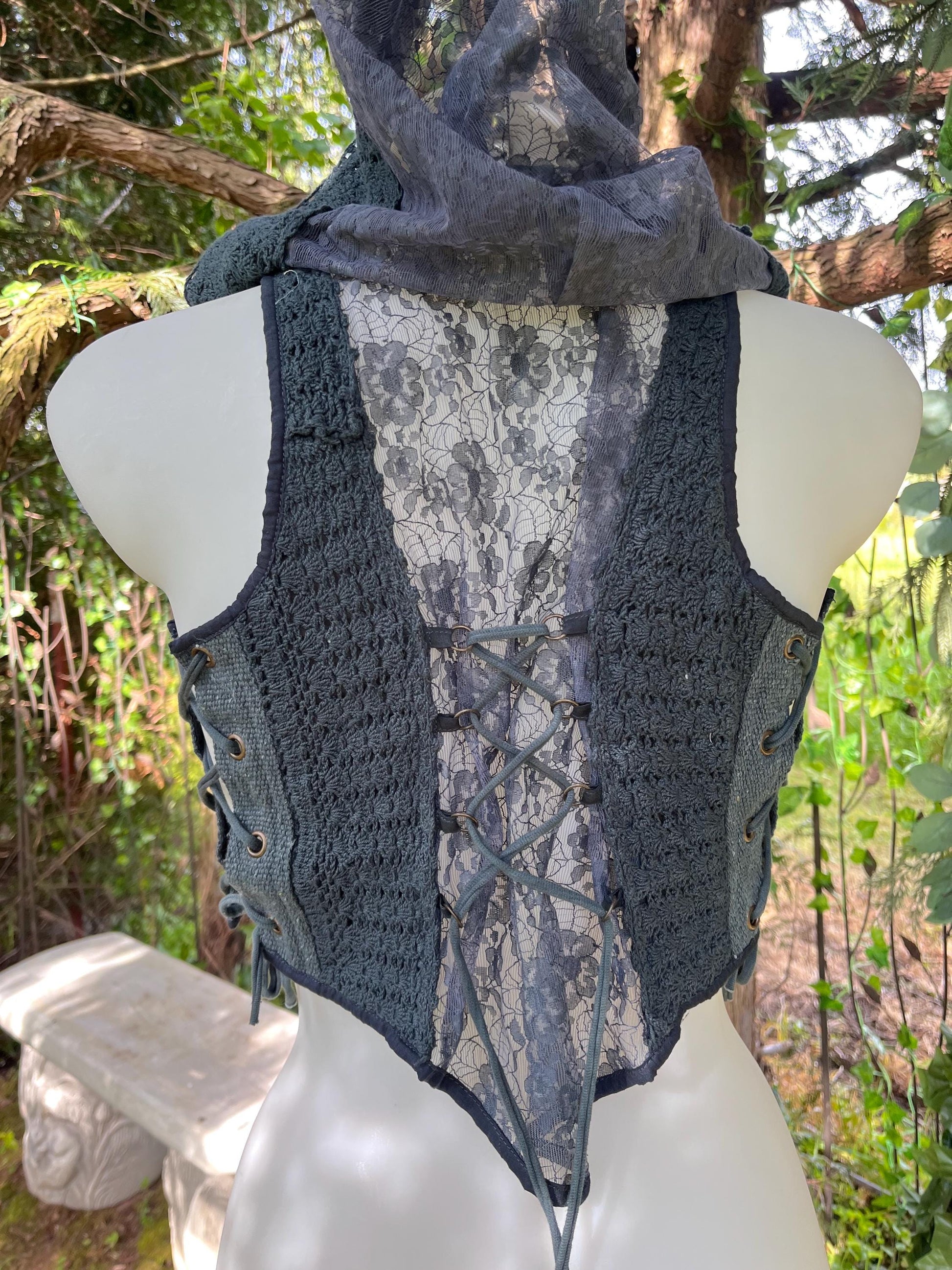 Dark Ash Blue Lace-Up Cropped Vest with Hood – Handmade Crochet & Lace Faerywear