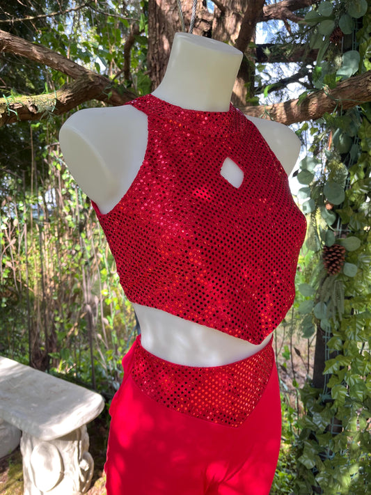 Firestarter Sequin Two-Piece Set – Red Festival Outfit with Glitter Crop Top & Flared Pants