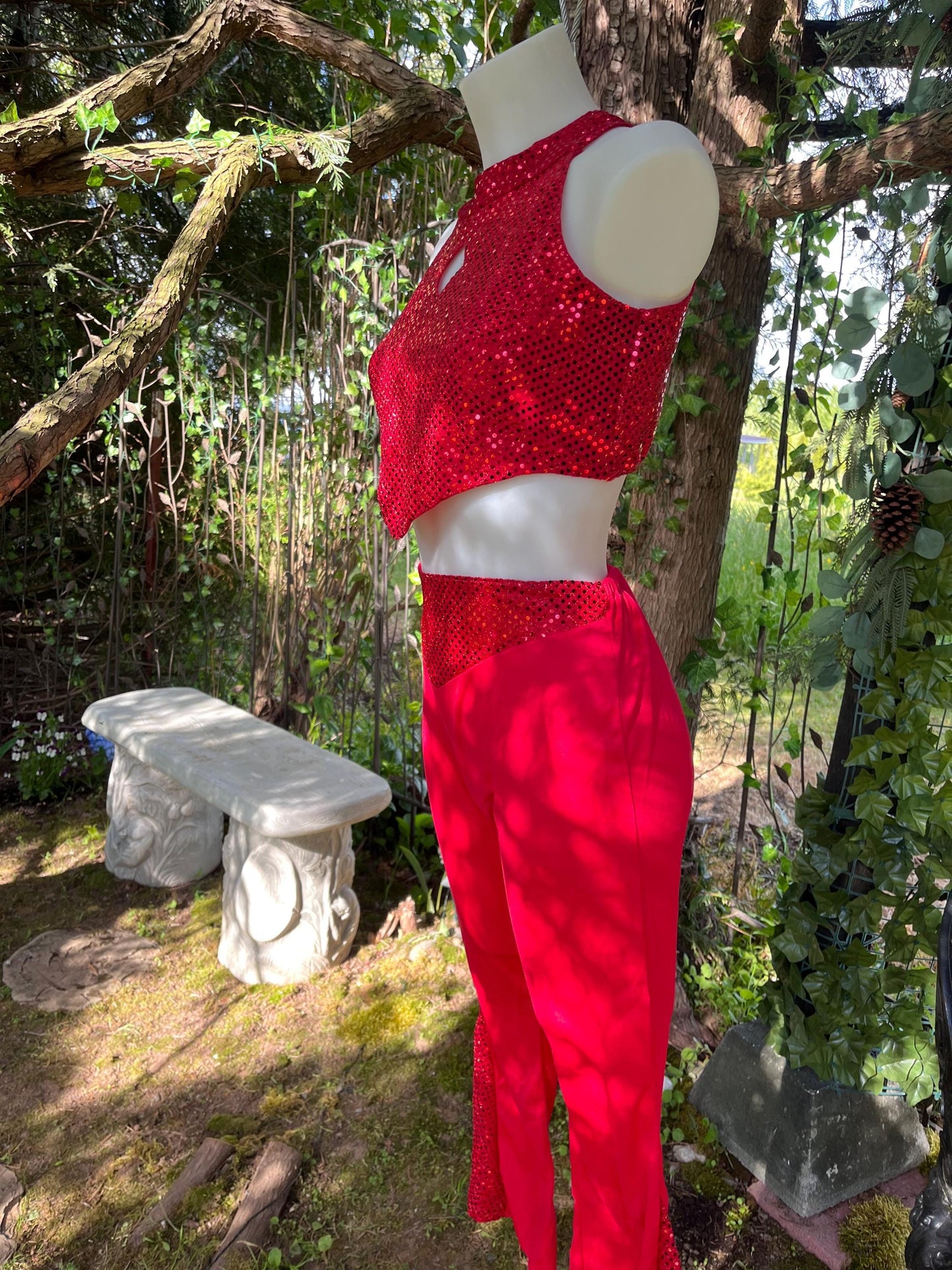 Firestarter Sequin Two-Piece Set – Red Festival Outfit with Glitter Crop Top & Flared Pants