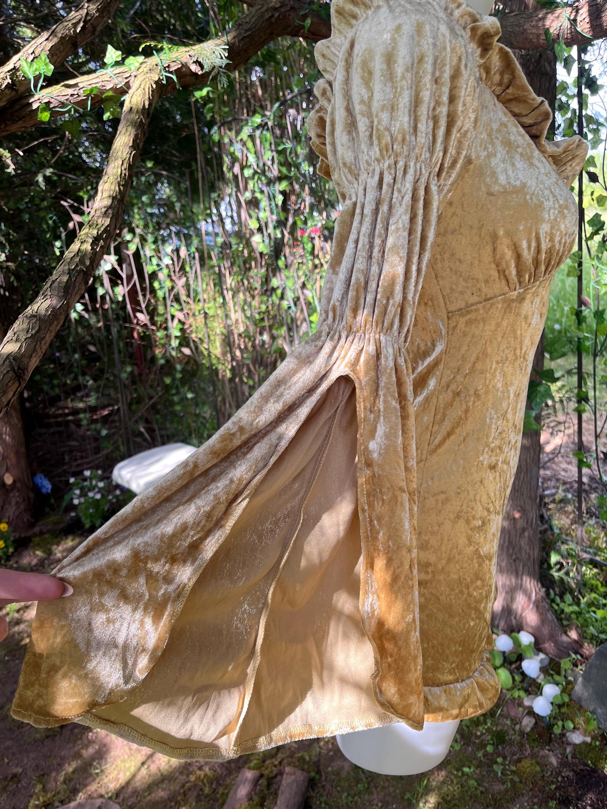 Golden Hour Enchantress Dress – Crushed Velvet Halter Mini-dress with Trumpet Sleeves