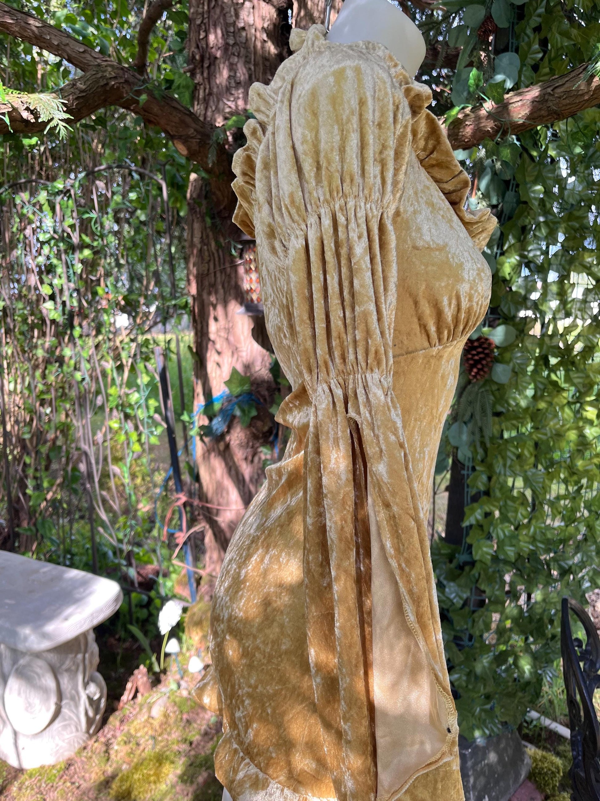 Golden Hour Enchantress Dress – Crushed Velvet Halter Mini-dress with Trumpet Sleeves