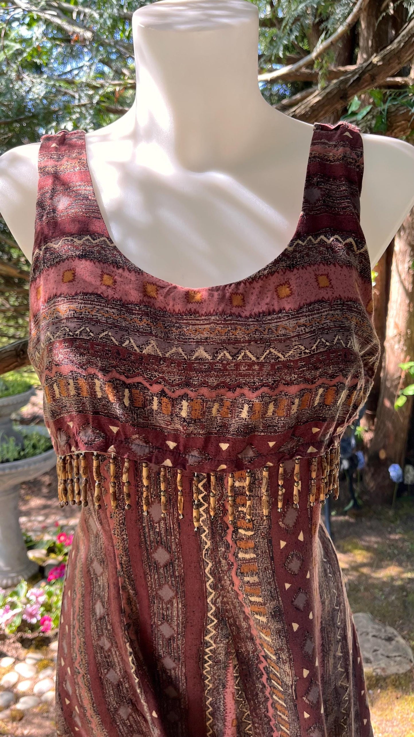 Boho Beaded Earthy Tribal Print with Tassel Trim
