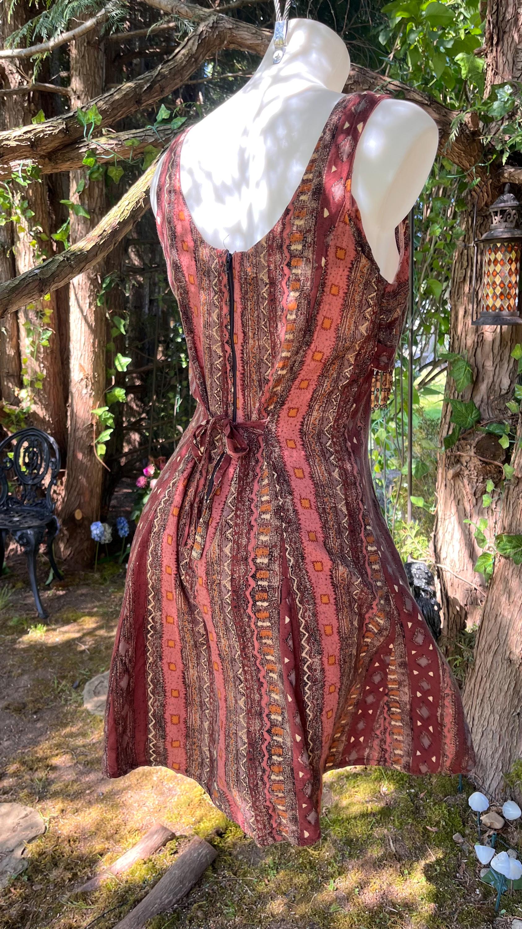 Boho Beaded Earthy Tribal Print with Tassel Trim