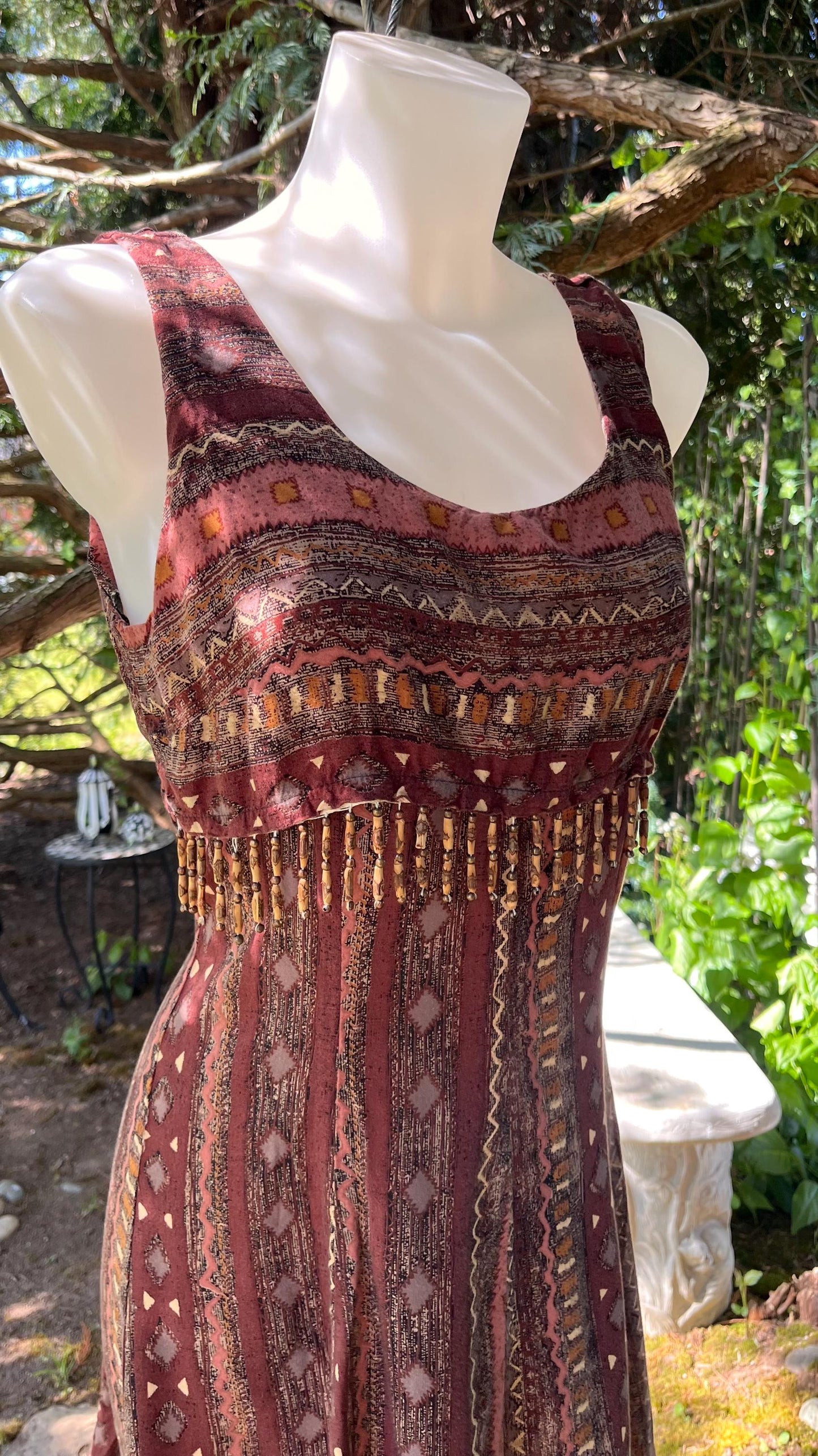 Boho Beaded Earthy Tribal Print with Tassel Trim