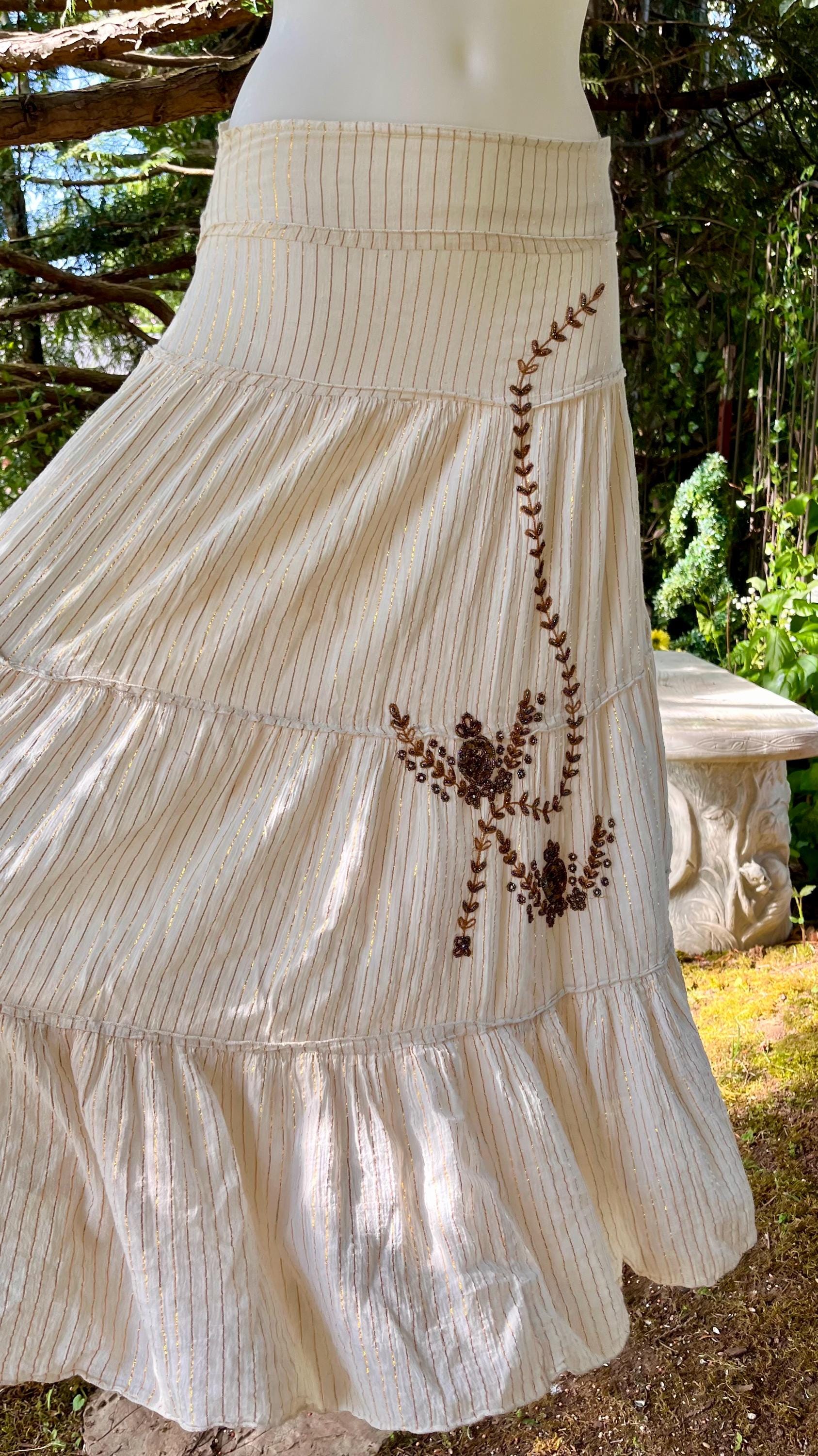 Cream Meadow Skirt with Gold Pinstripes