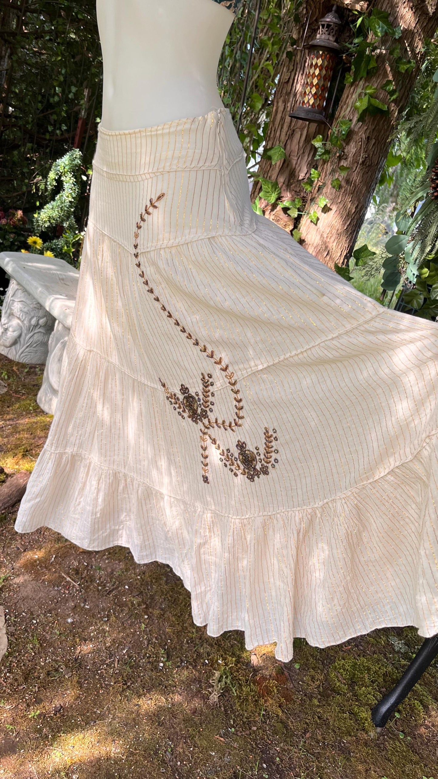 Cream Meadow Skirt with Gold Pinstripes