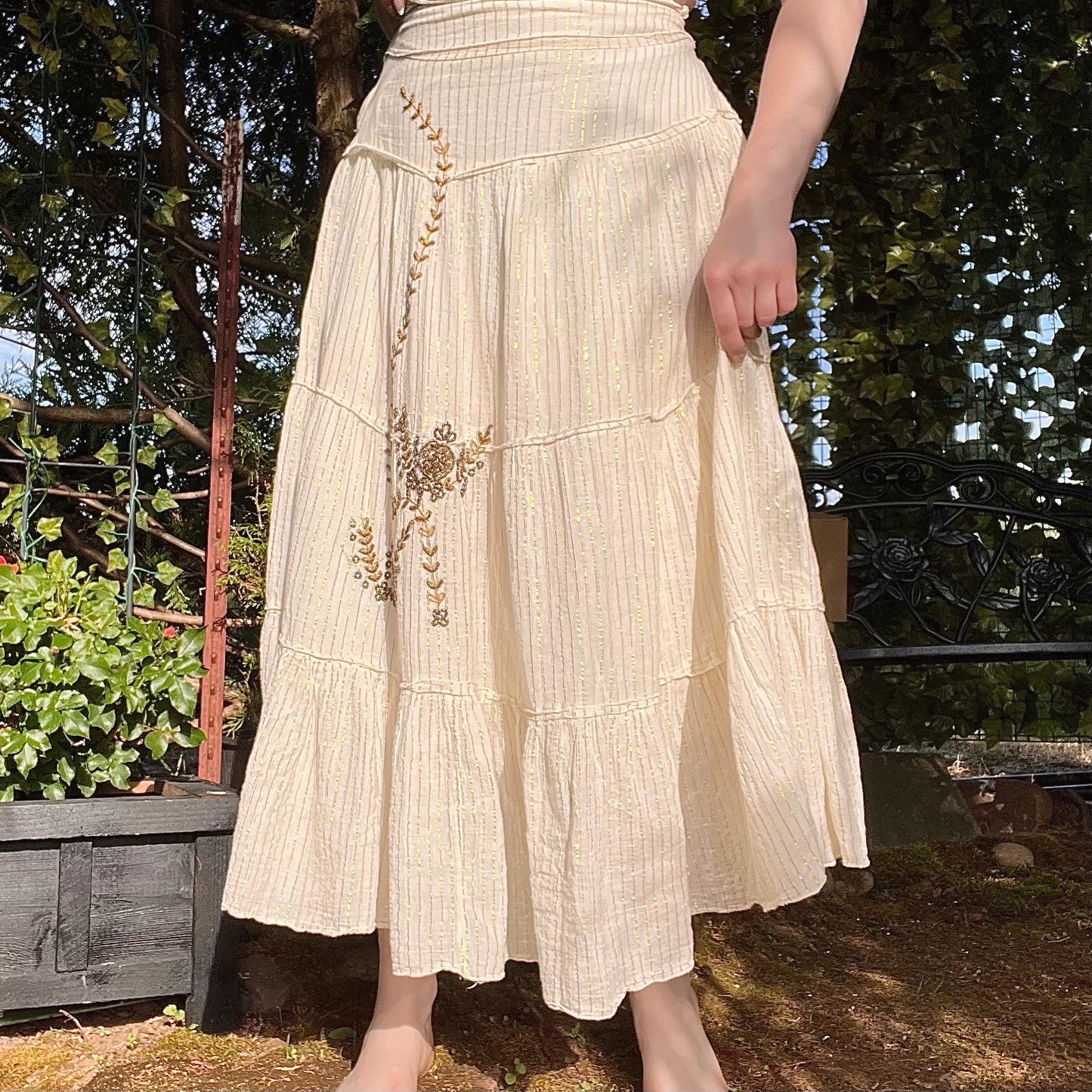 Cream Meadow Skirt with Gold Pinstripes