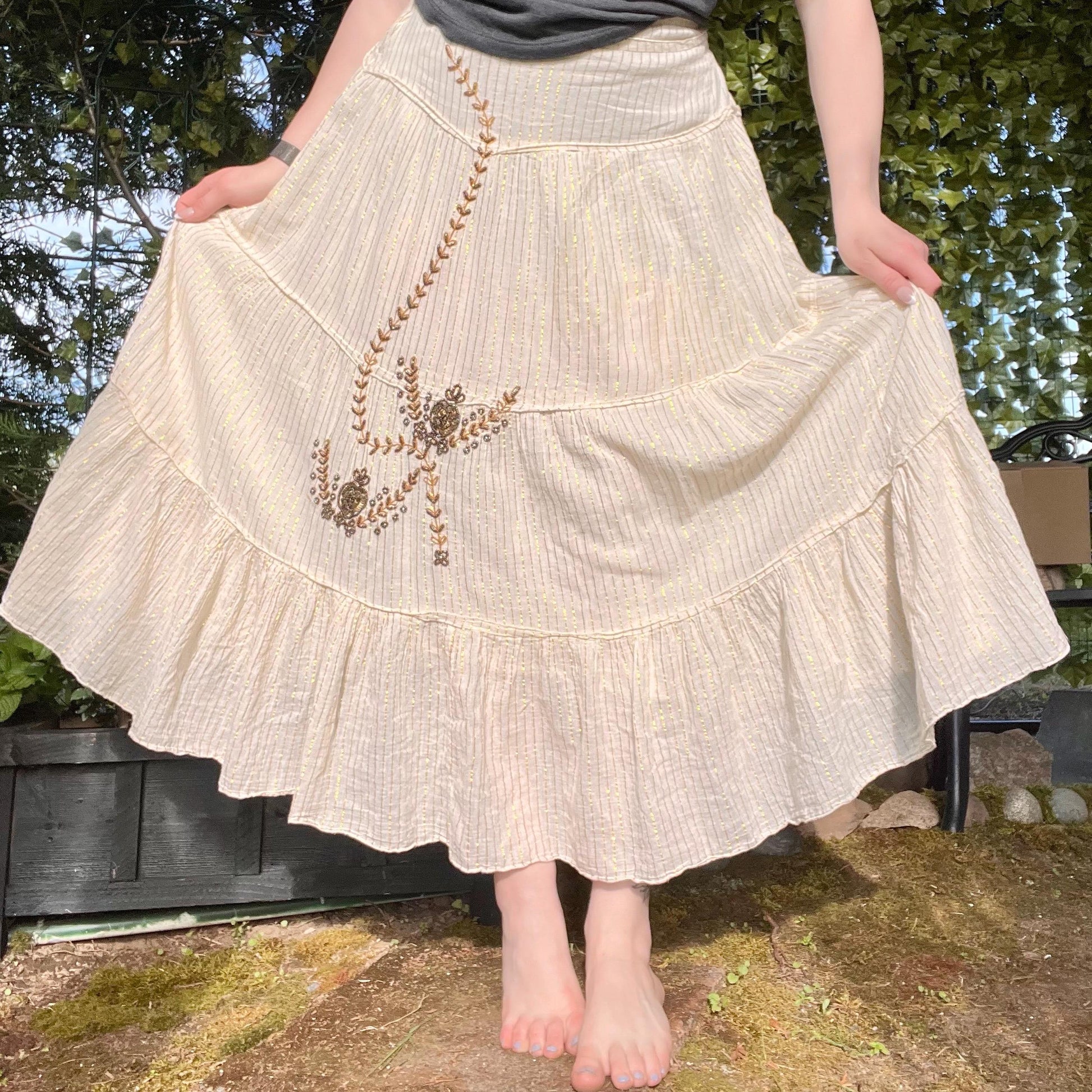 Cream Meadow Skirt with Gold Pinstripes