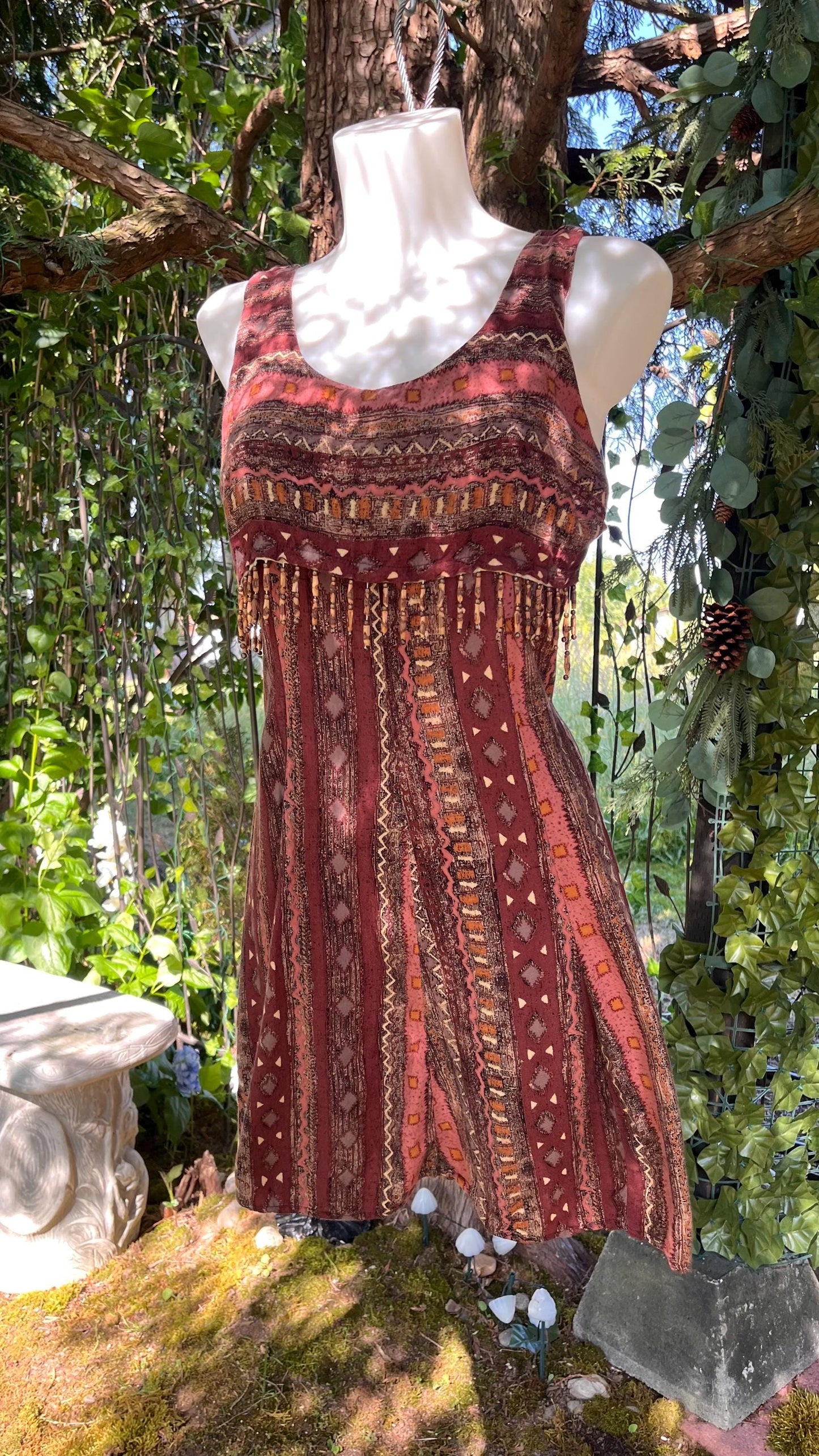 Boho Beaded Earthy Tribal Print with Tassel Trim