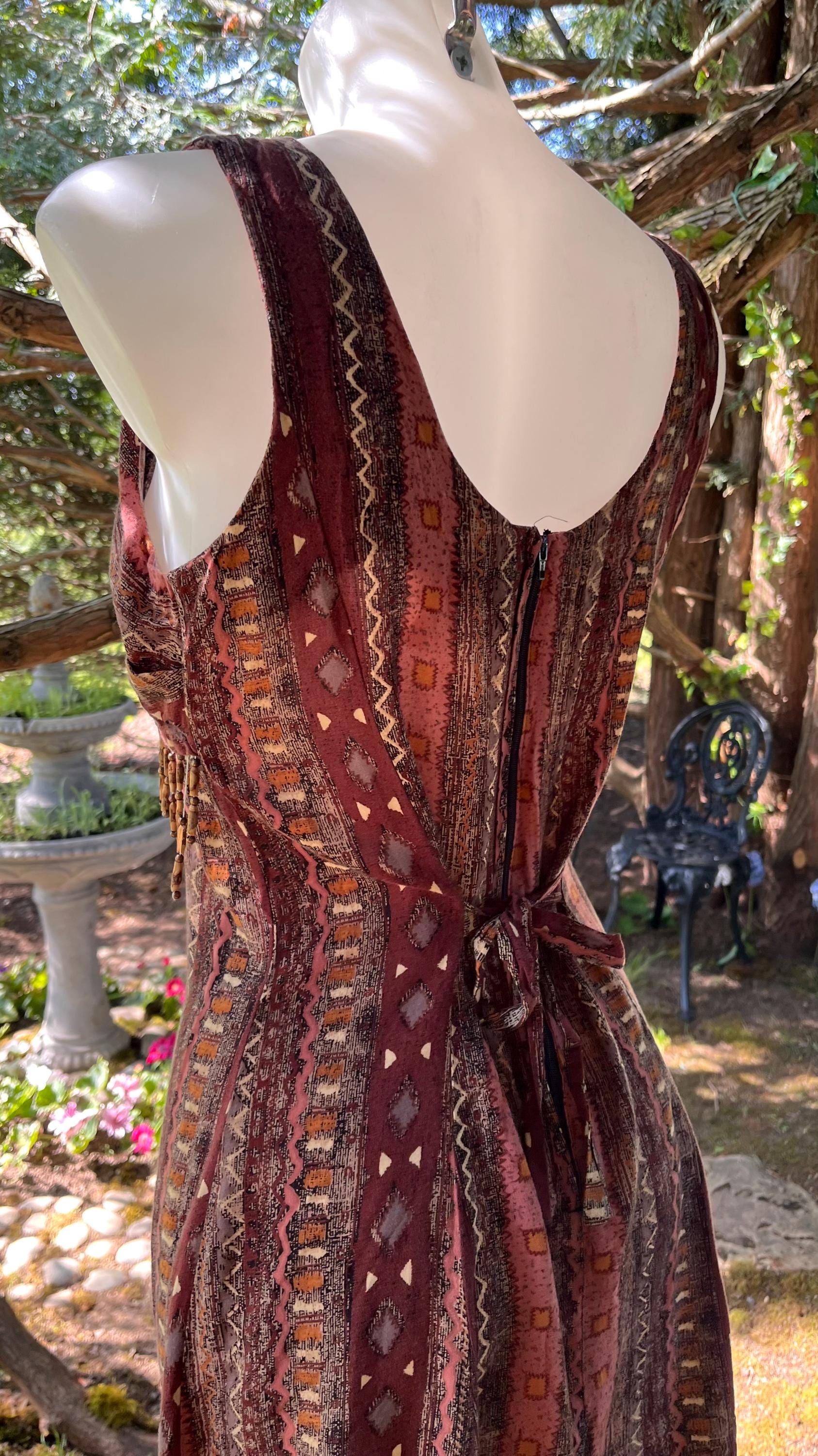 Boho Beaded Earthy Tribal Print with Tassel Trim