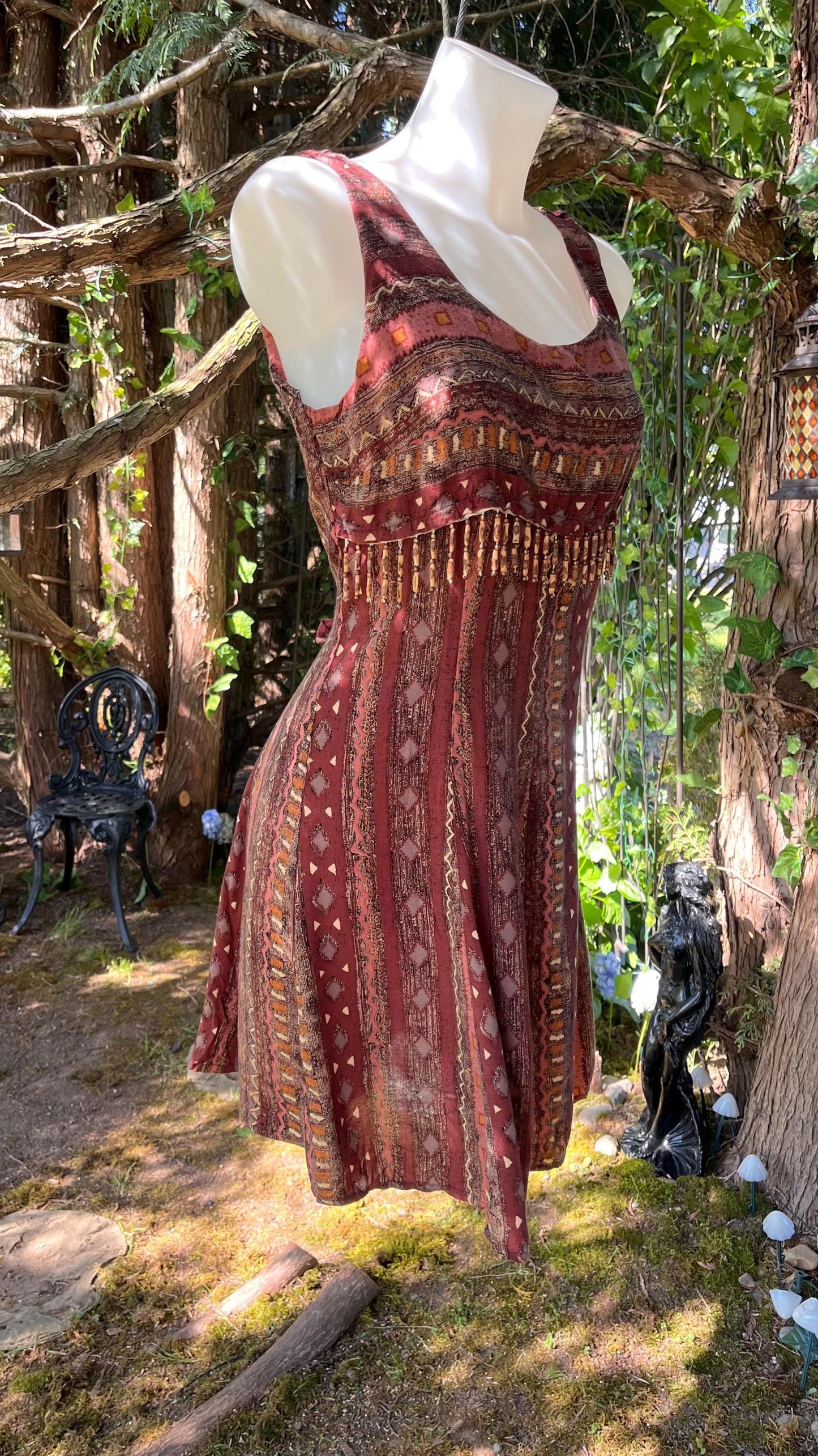 Boho Beaded Earthy Tribal Print with Tassel Trim