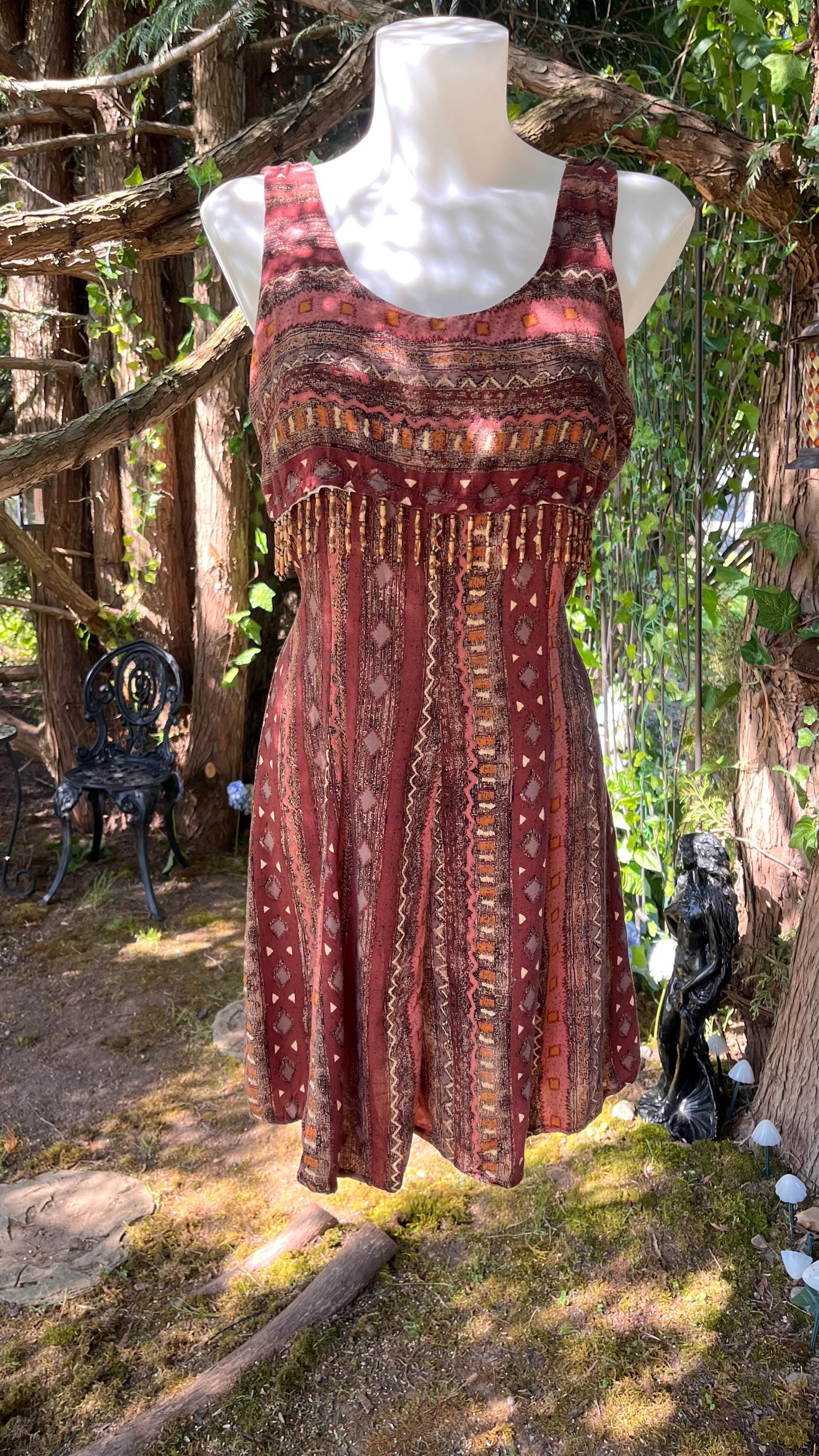 Boho Beaded Earthy Tribal Print with Tassel Trim