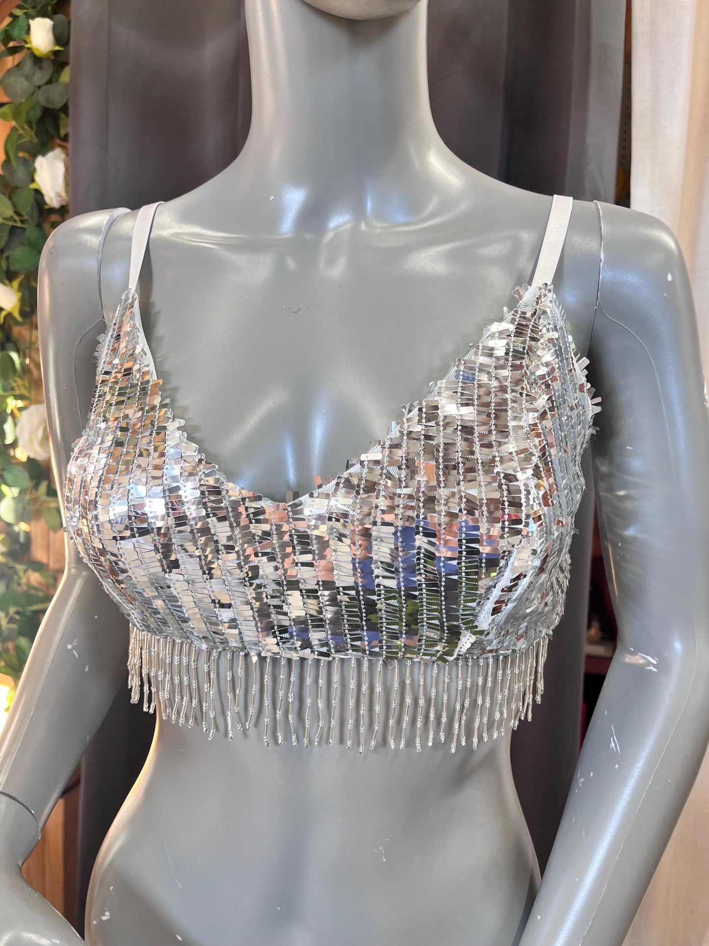 Silver Reflective Mirror Sequin Tank With Tassels