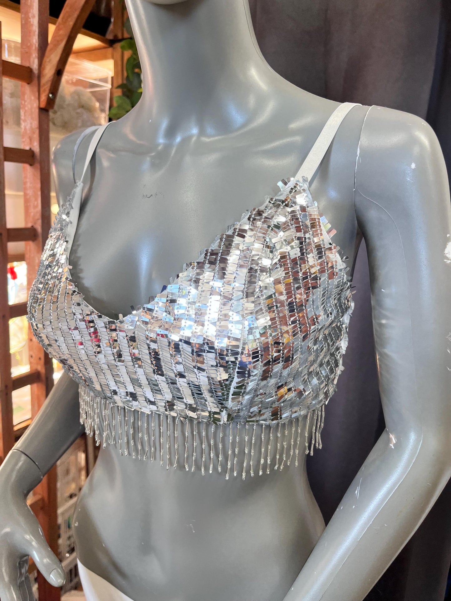 Silver Reflective Mirror Sequin Tank With Tassels