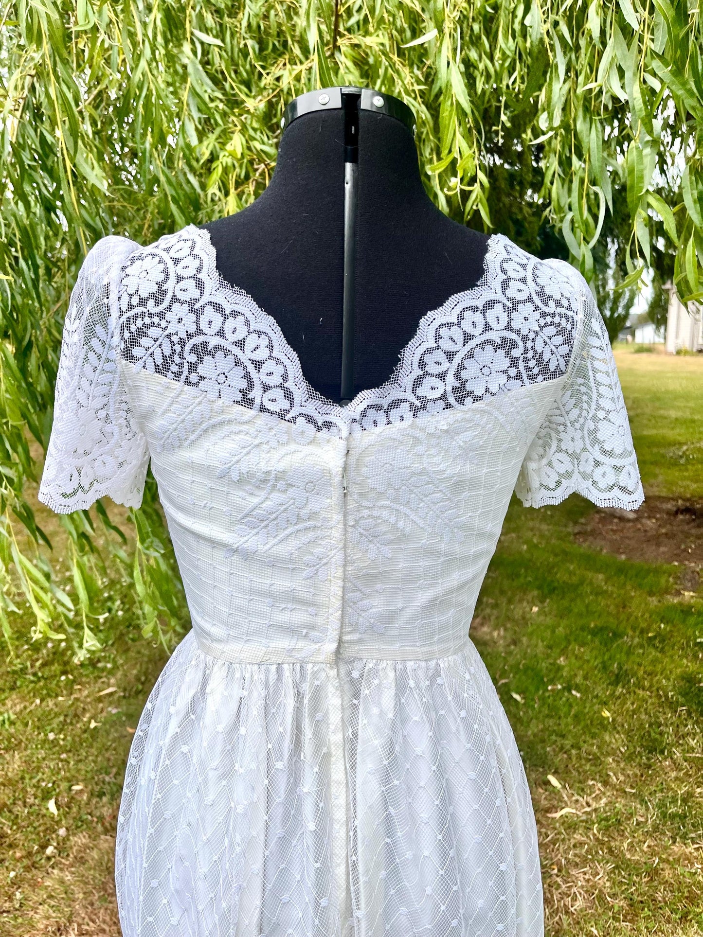 Vintage 1970s Cream All-Lace Dress – High Neck Illusion Bodice & Puff Sleeves