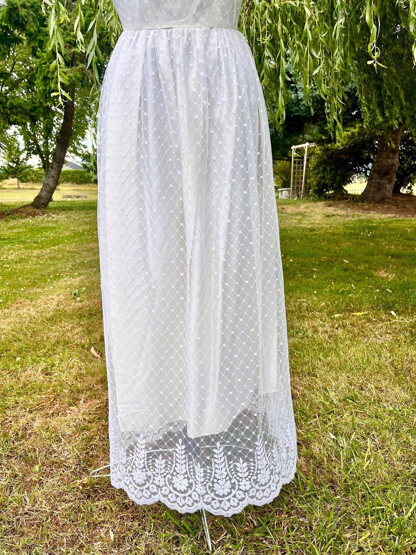 Vintage 1970s Cream All-Lace Dress – High Neck Illusion Bodice & Puff Sleeves