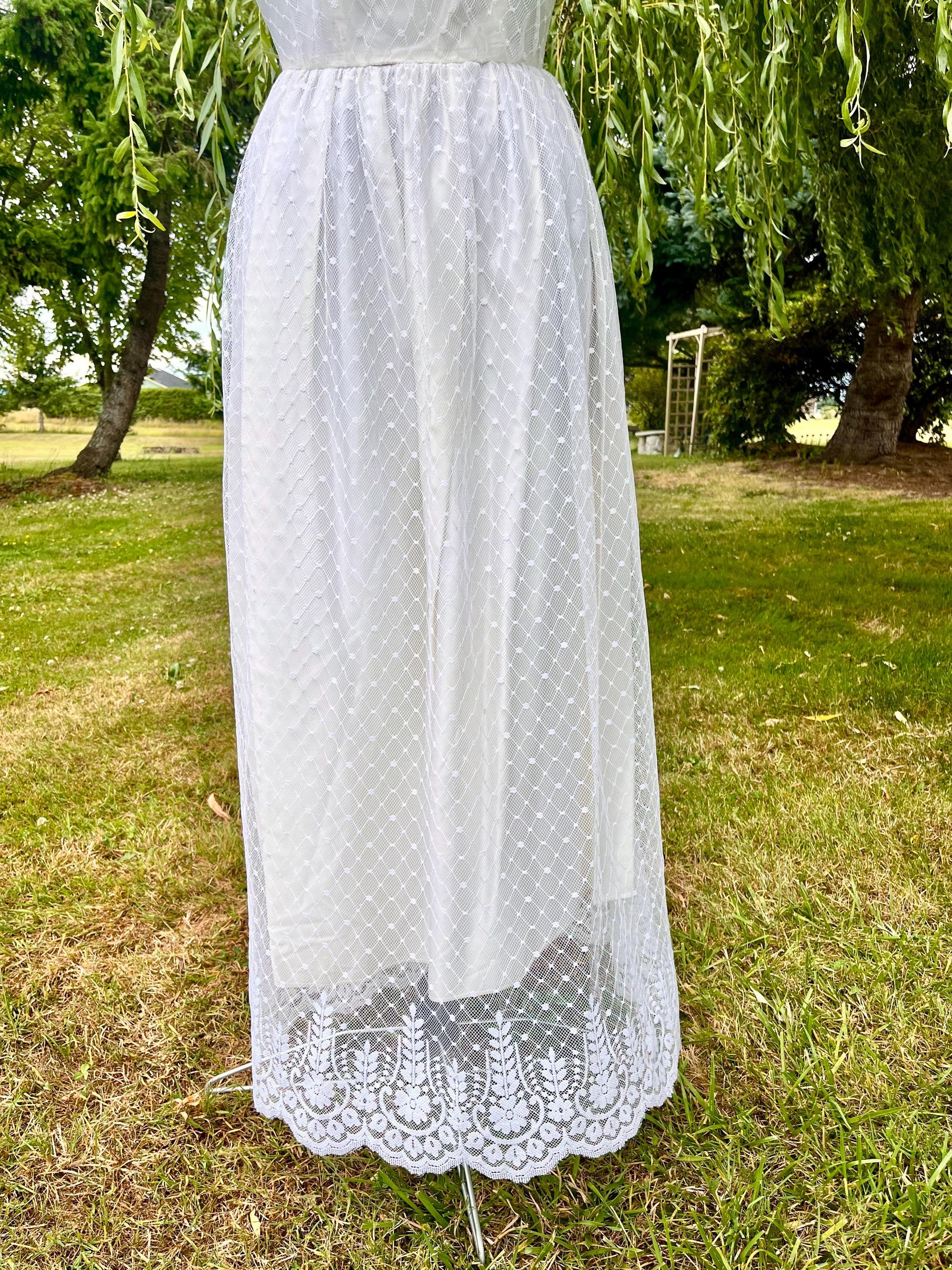 Vintage 1970s Cream All-Lace Dress – High Neck Illusion Bodice & Puff Sleeves