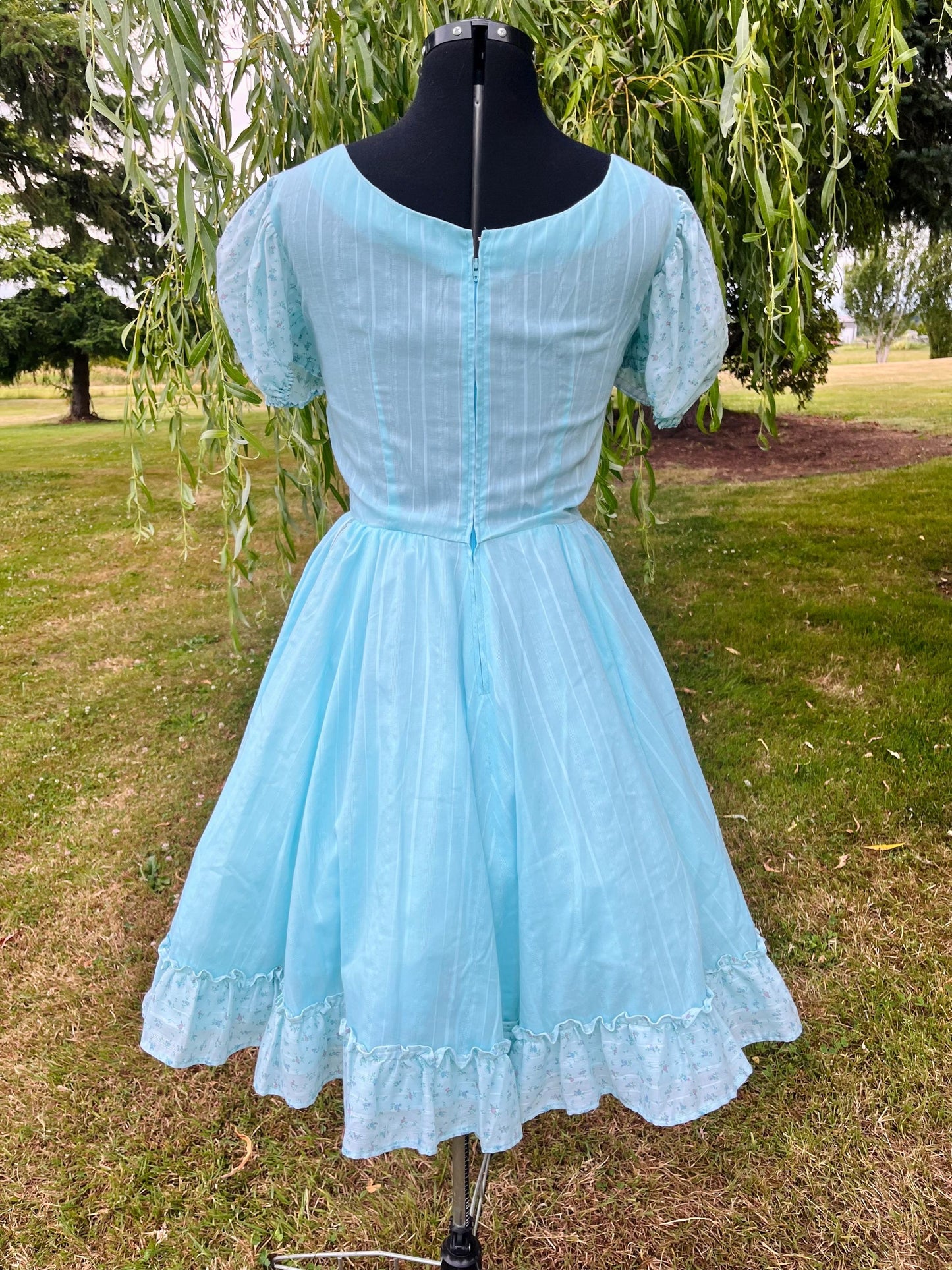 Handmade Puff Sleeve Prairie Dress – Baby Blue with Floral Ruffle Trim