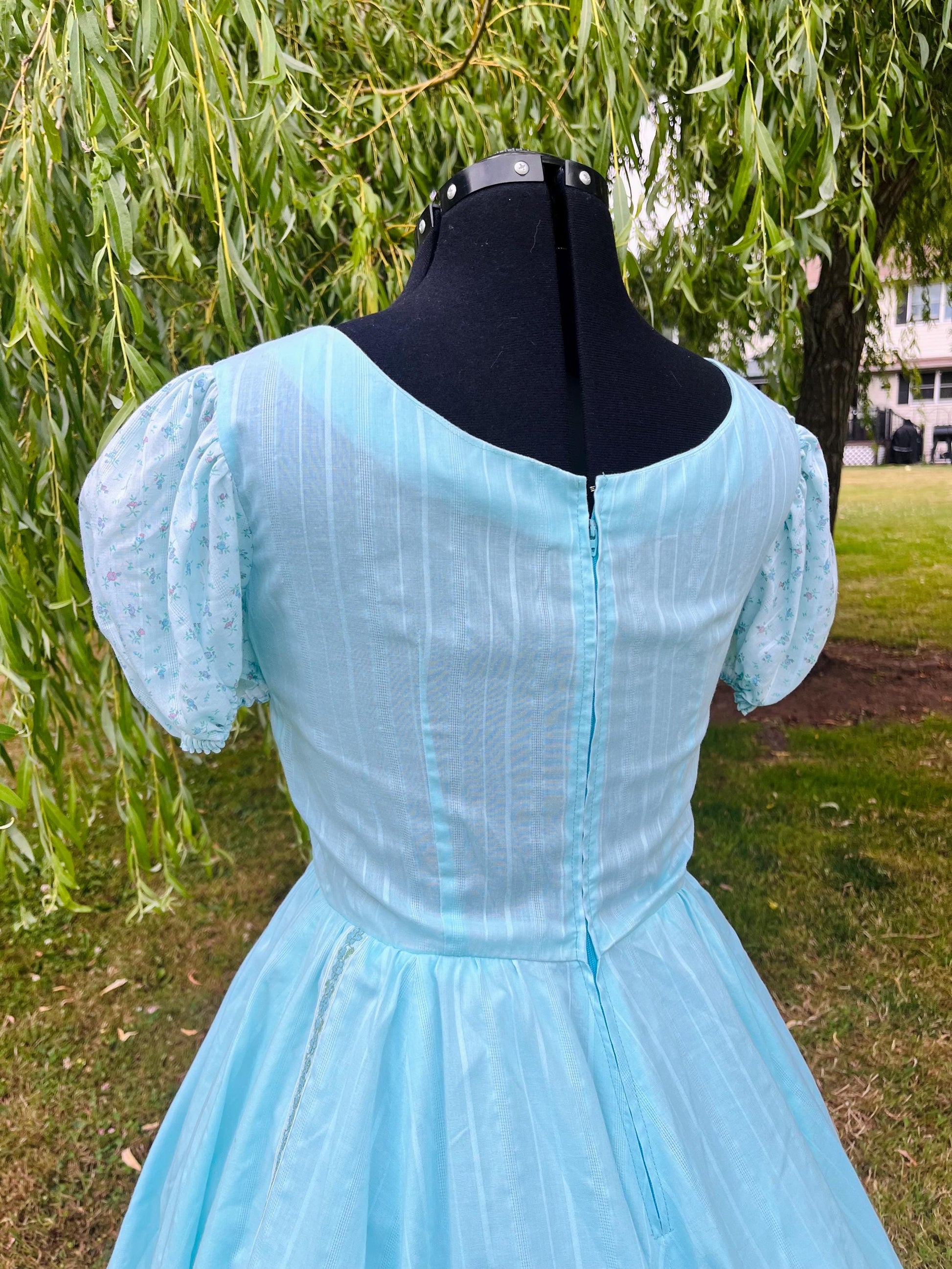 Handmade Puff Sleeve Prairie Dress – Baby Blue with Floral Ruffle Trim