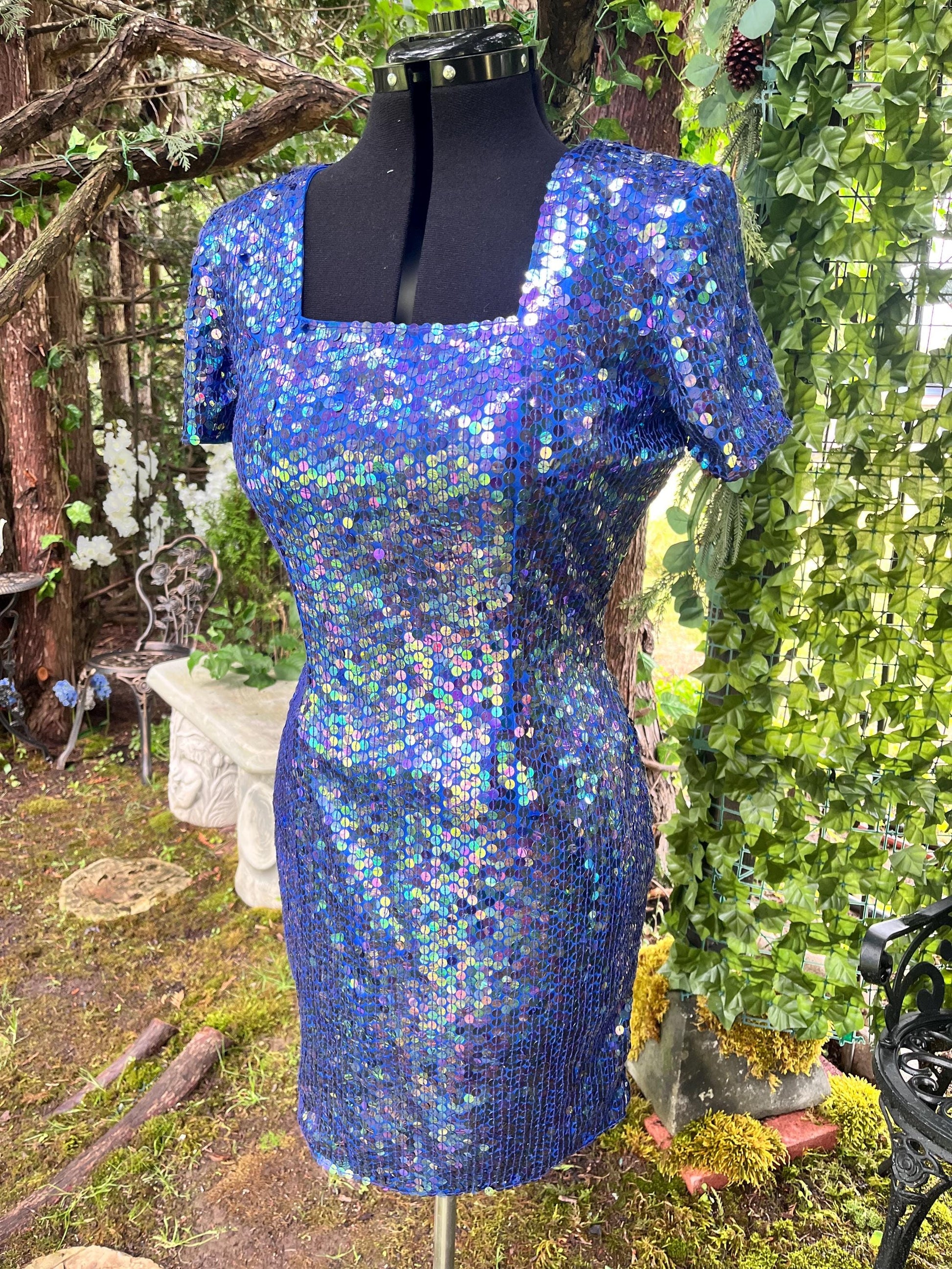 Stunning Vintage Mermaid Blue Iridescent Sequin Dress