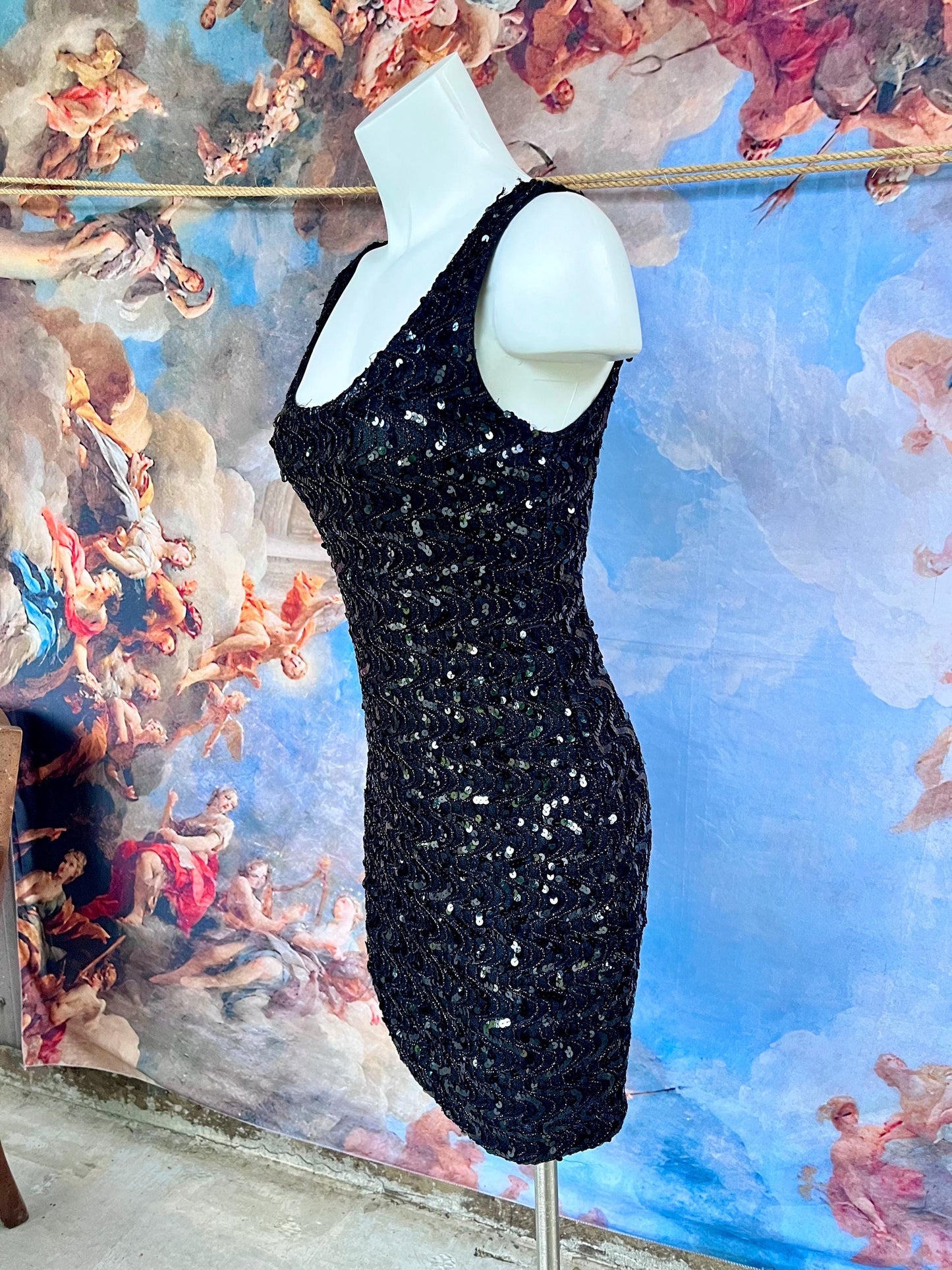 Fully Embellished Black Sequin Mini Dress