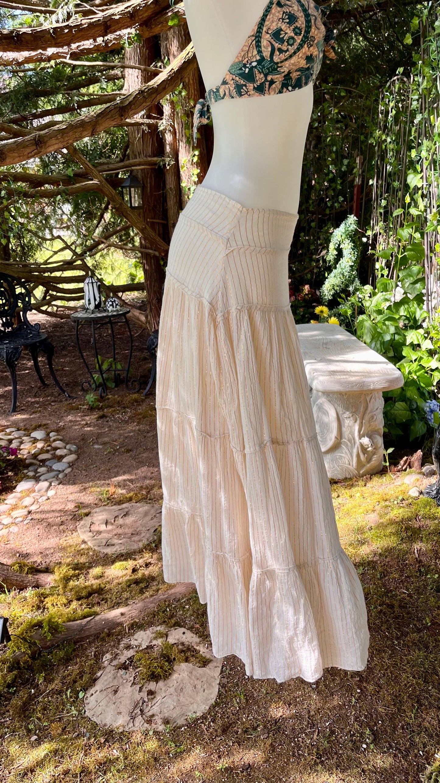 Cream Meadow Skirt with Gold Pinstripes